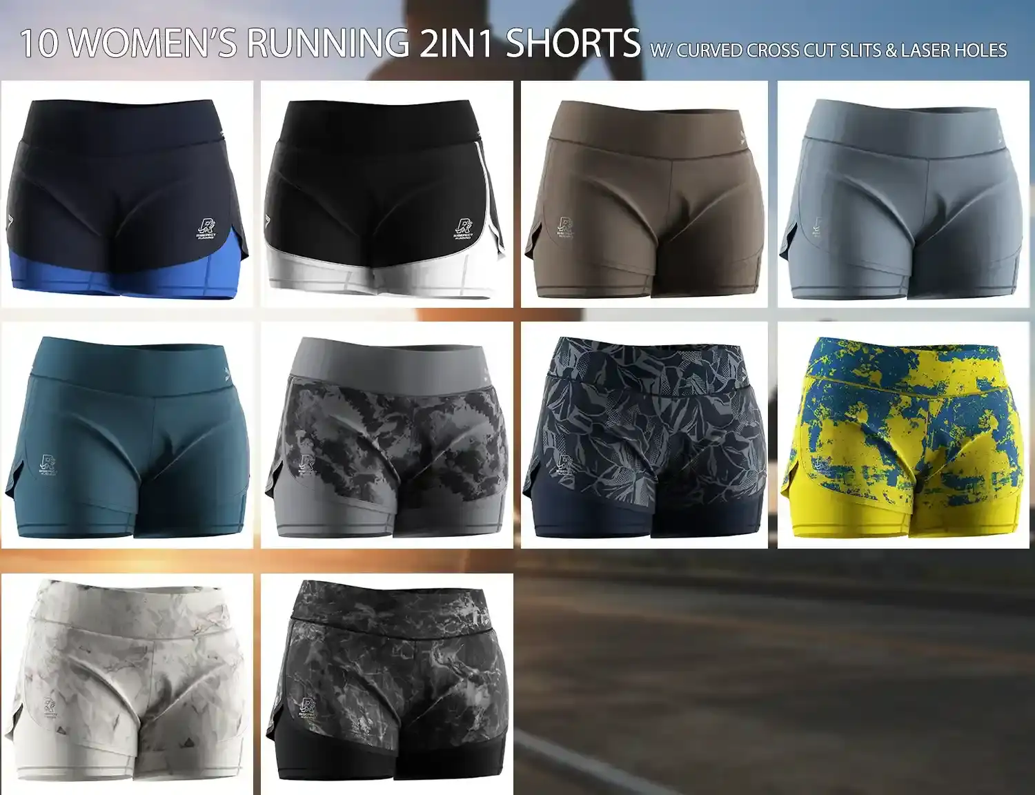 10 women's running 2in1 shorts with curved cross cut slits and laser holes