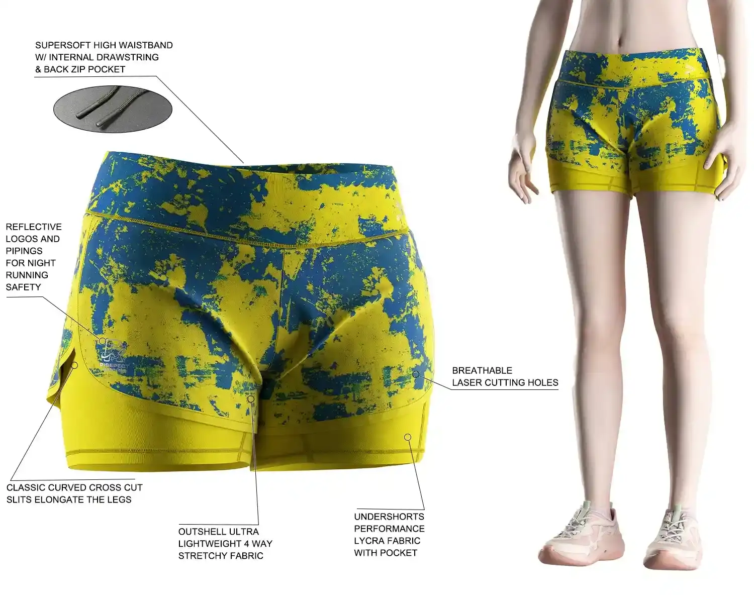 Women's 2-in-1 running shorts with ultra-lightweight 4-way stretch outer shell and Lycra compression liner with pocket. Features high waistband, back zip pocket, laser-cut ventilation, and reflective details.