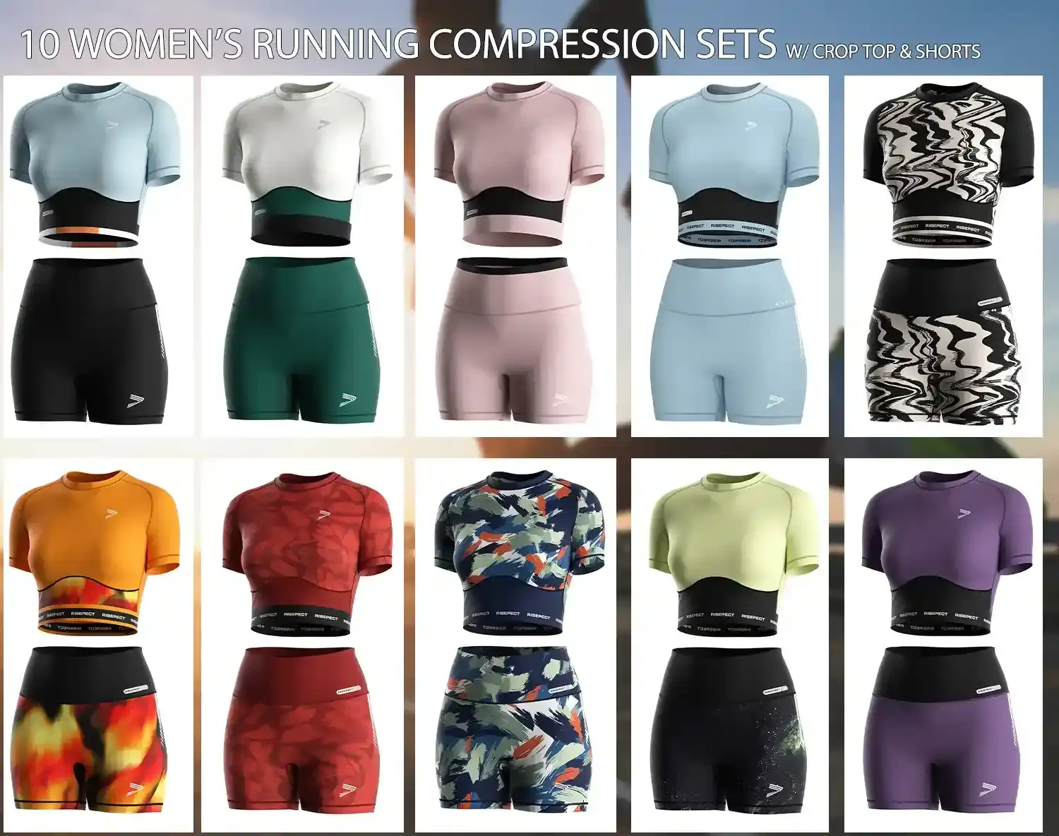 10 women's running compression sets with crop top and compression shorts