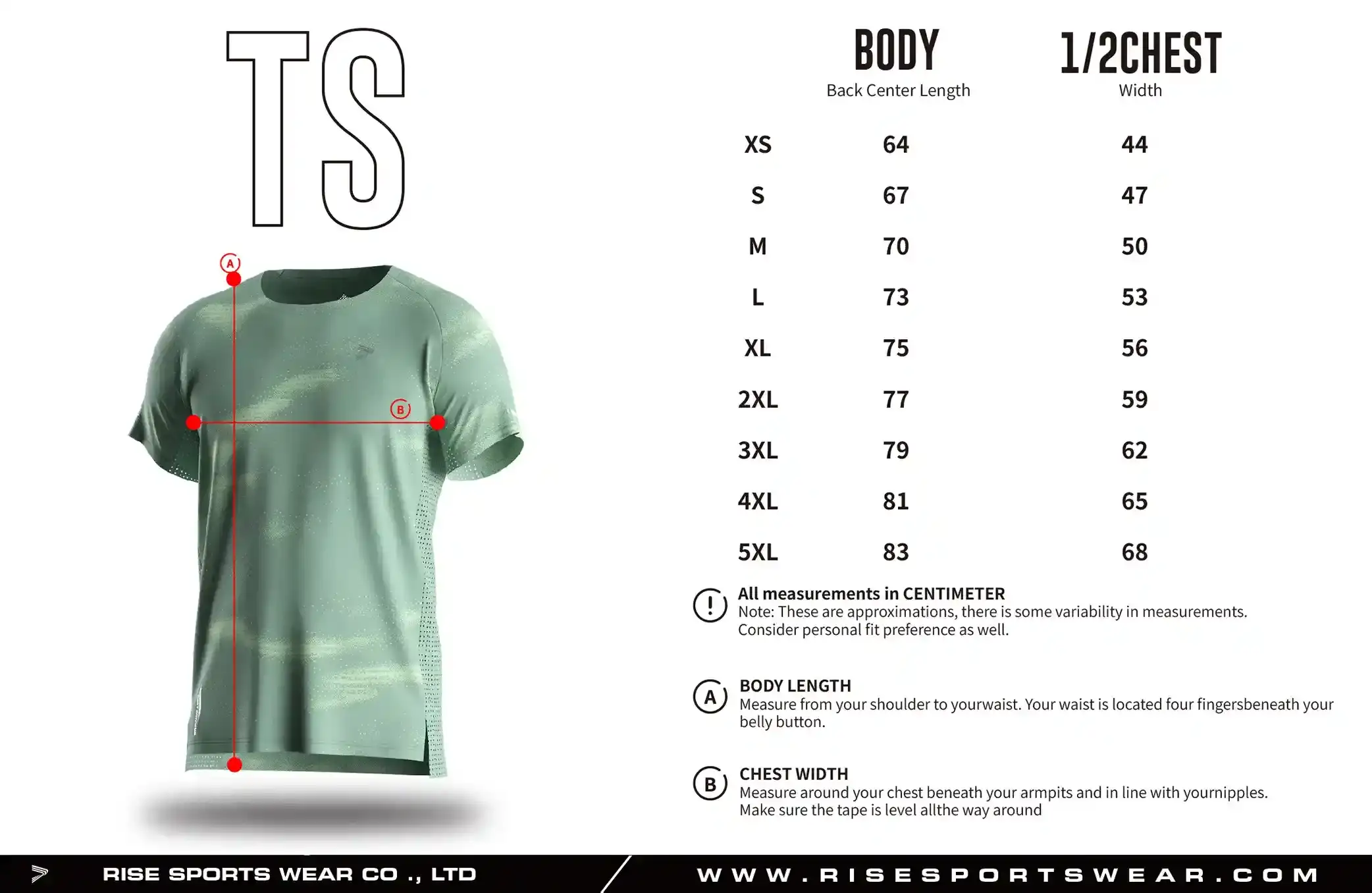 Use men's running tee sizes chart provided by Rise Sportswear, or custom your own brand, club, team adult sizes chart for men's running tee.