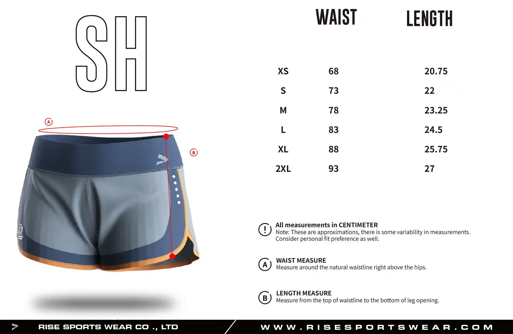 Use women's running shorts sizes chart provided by Rise Sportswear, or custom your own brand, club, or team adult sizes chart for women's running shorts.