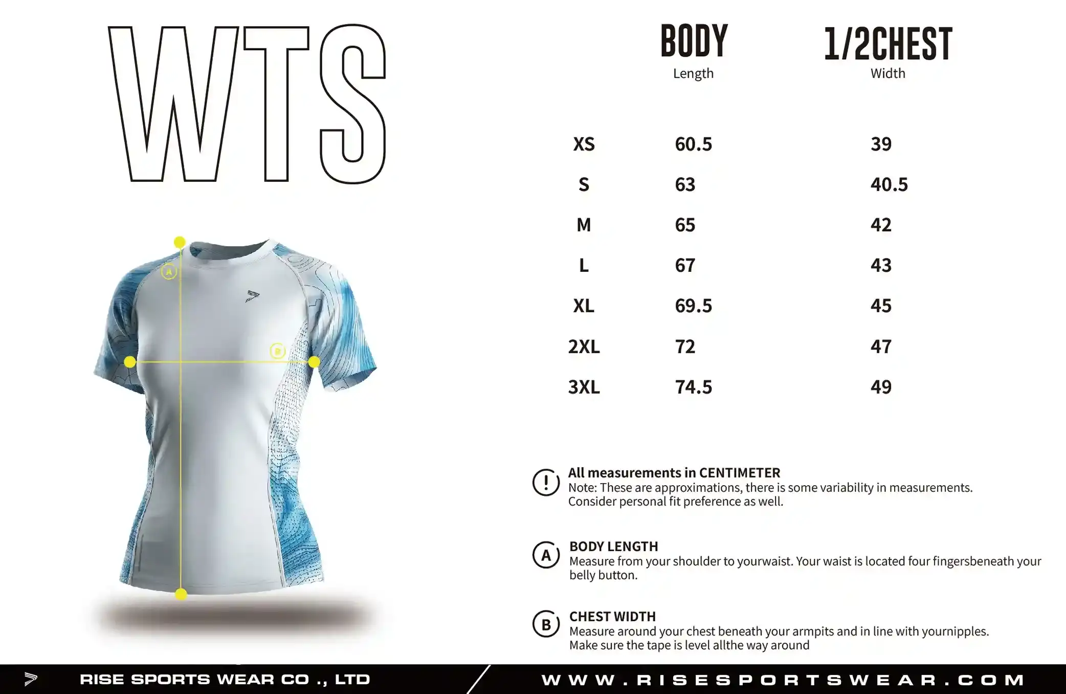 Use women's running tee sizes chart provided by Rise Sportswear, or custom your own brand, club, team adult sizes chart for women's running tee.