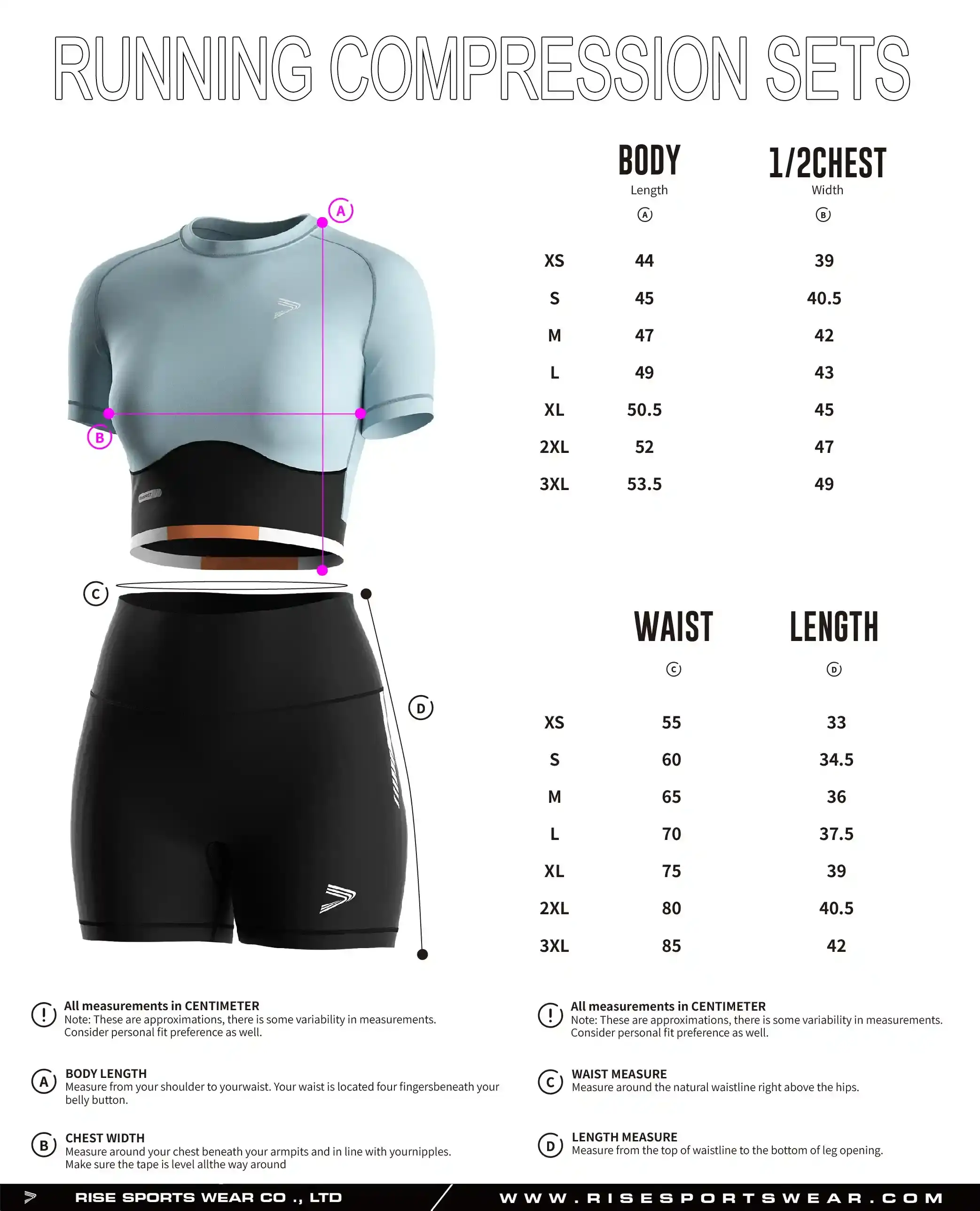 Use our women's running compression set crop top and shorts sizes chart provided by Rise Sportswear, or custom your own brand, club, team women's sizes chart for compression set crop top and shorts.