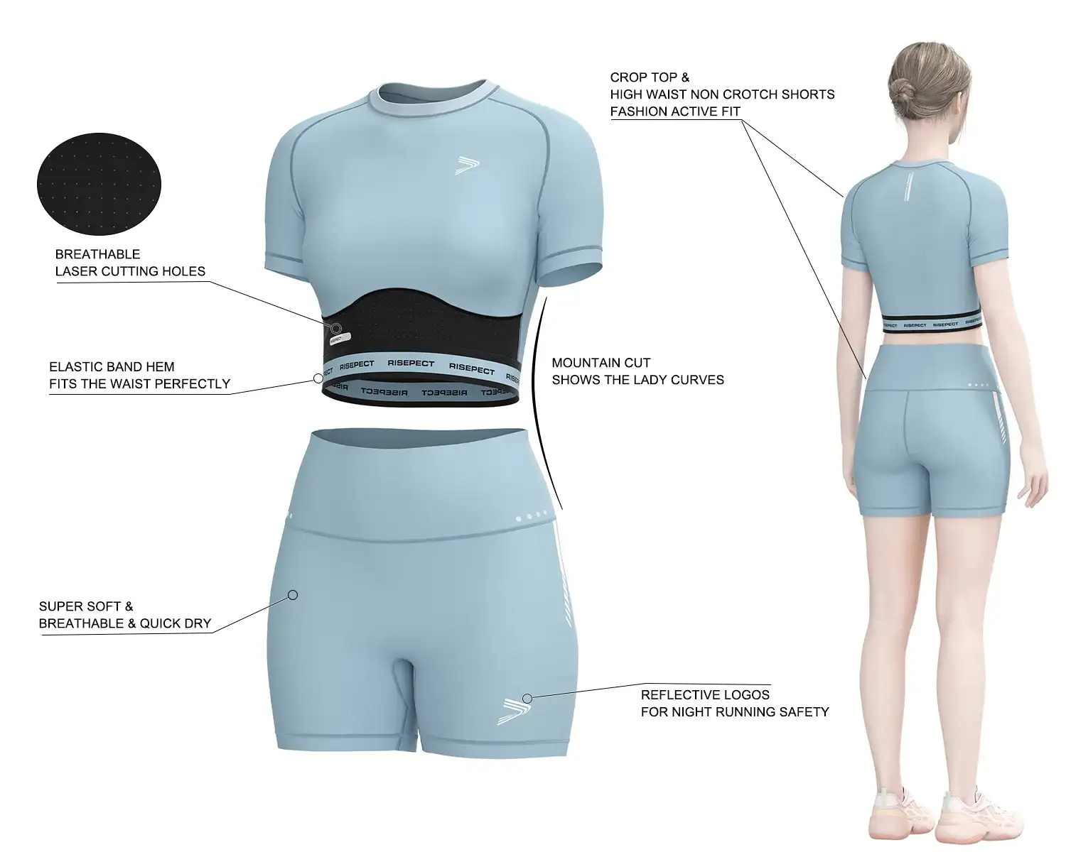 Women's running compression set with crop top and high-waist shorts. Made from premium Lycra fabrics for breathability, stretch, and quick-dry comfort. Features laser-cut ventilation, and reflective details.