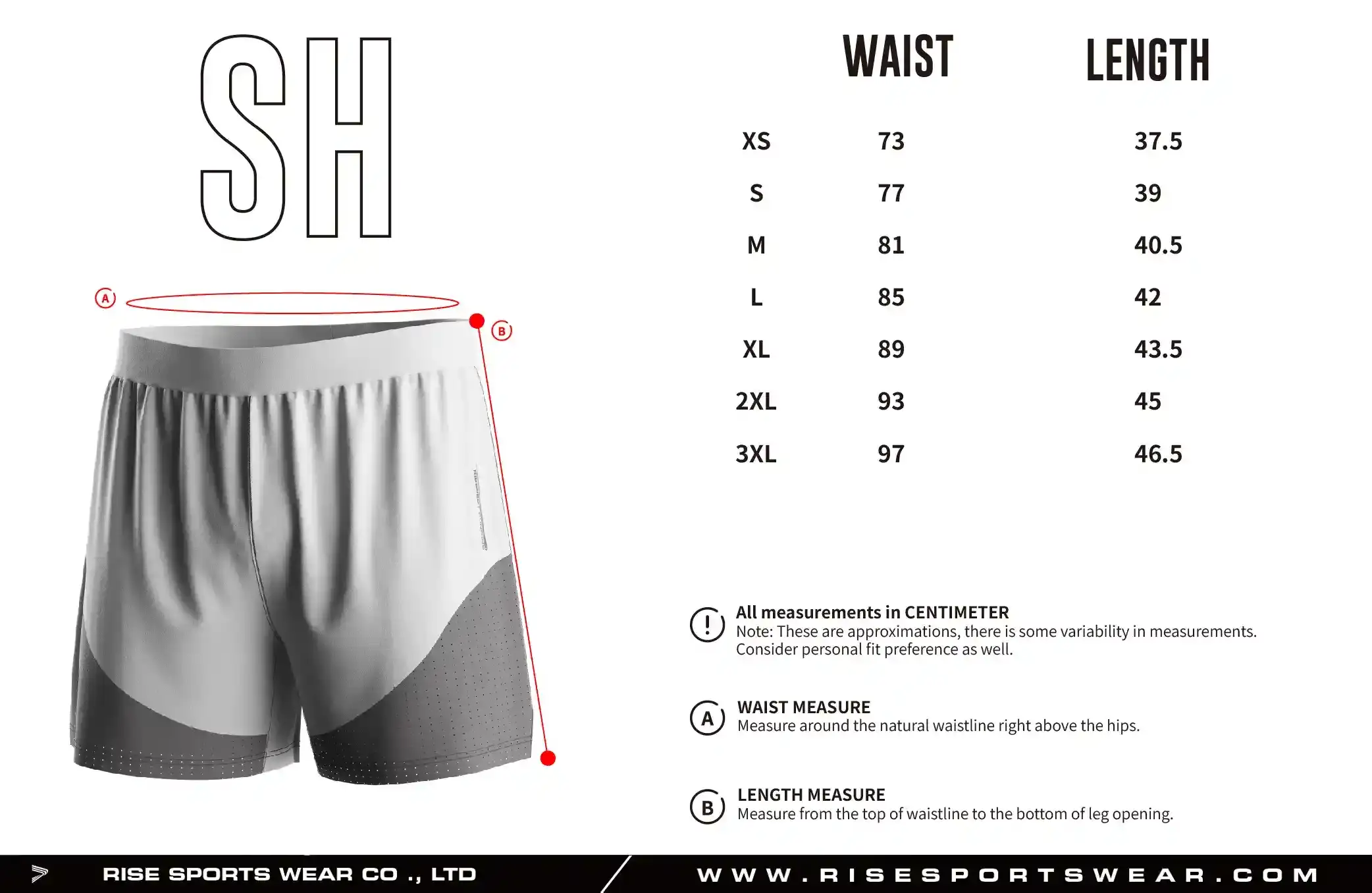 Use men's running shorts sizes chart provided by Rise Sportswear, or custom your own brand, club, or team adult sizes chart for men's running shorts.