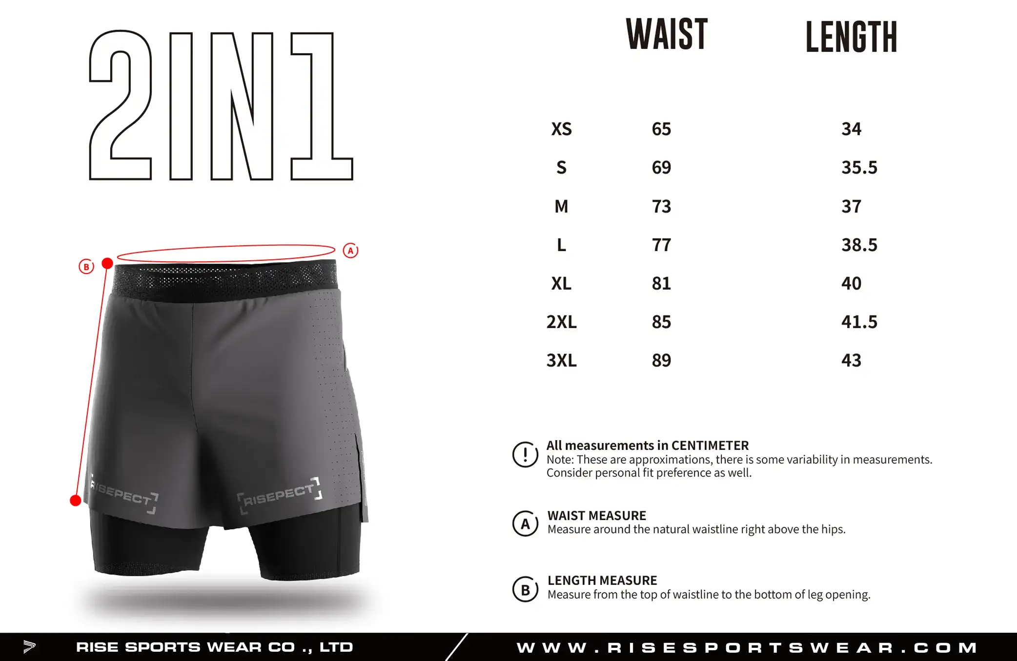 Use men's 2in1 running shorts sizes chart provided by Rise Sportswear, or custom your brand, club, or team adult sizes chart for men's 2in1 running shorts.