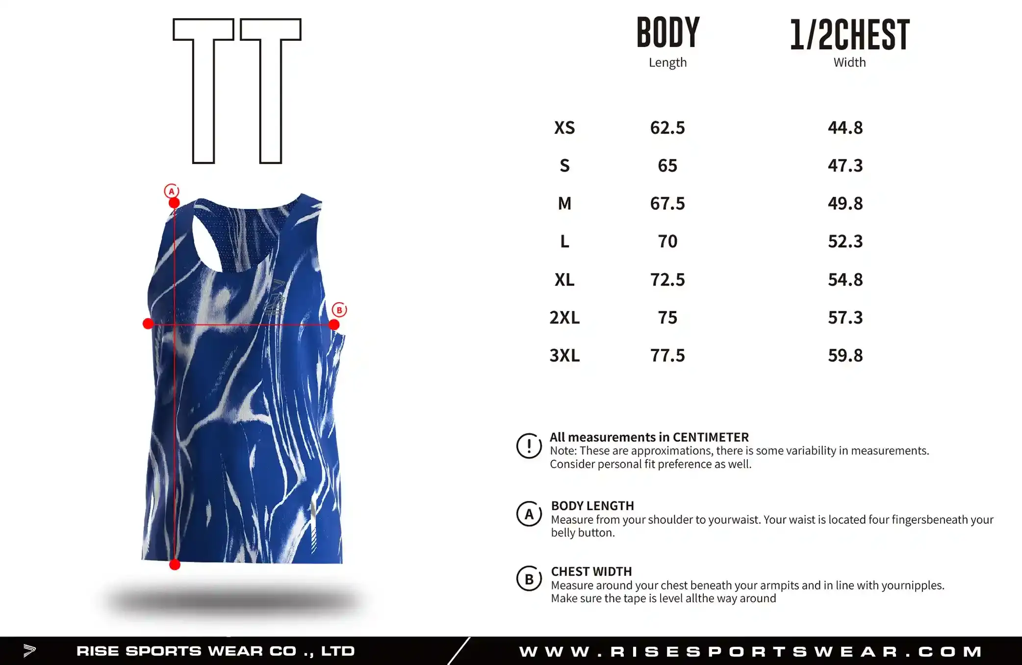 Use men's running singlet sizes chart provided by Rise Sportswear, or custom your brand, college, club, or team adult sizes chart for men's running singlet.