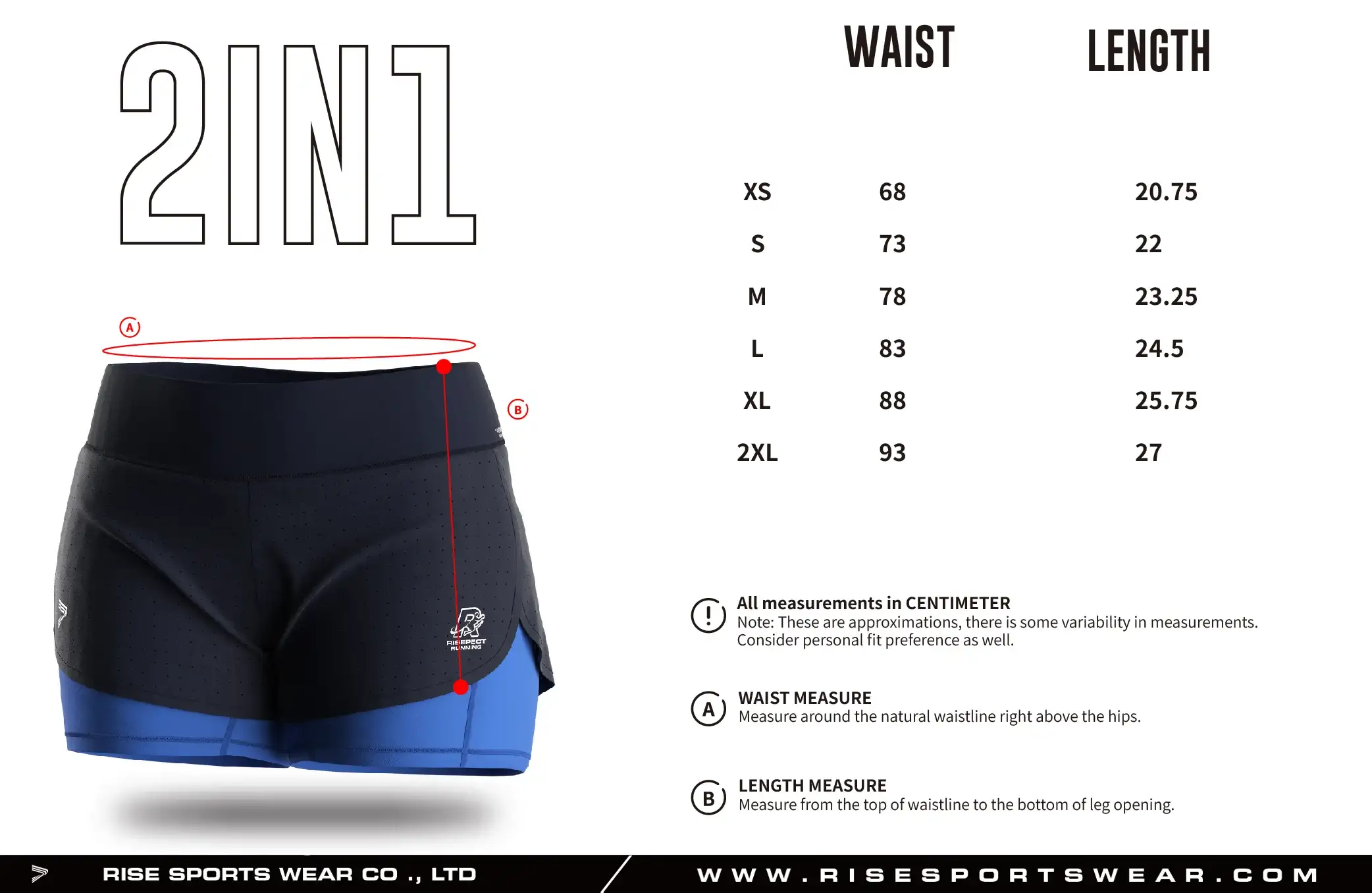 Use women's 2in1 running shorts sizes chart providedd by Rise Sportswear, or custom your brand, club, or team adult sizes chart for women's running 2in1 shorts.