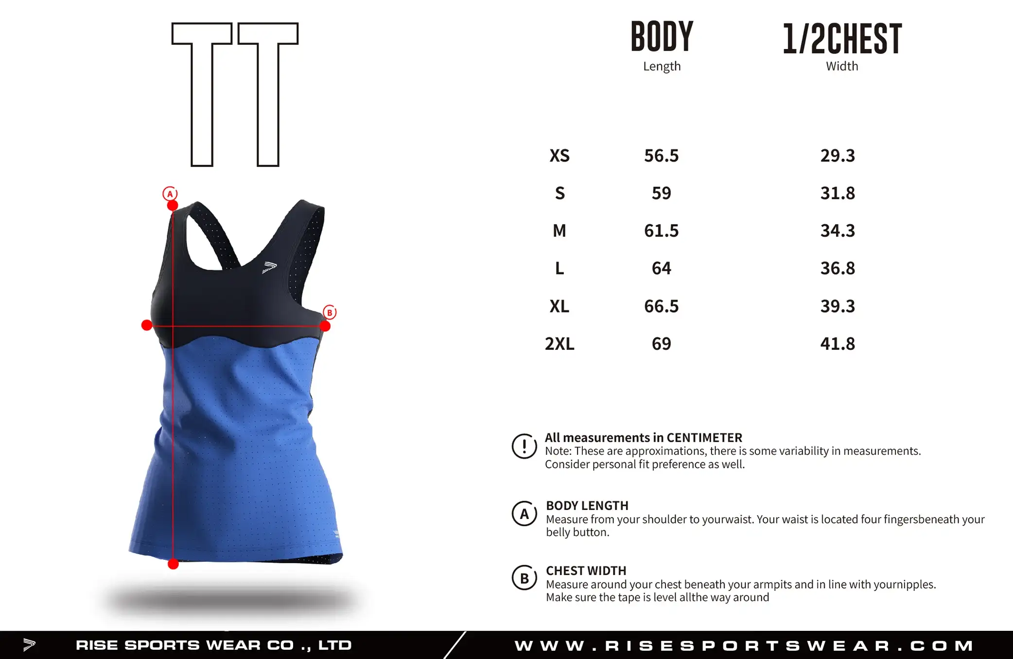 Use women's running singlet sizes chart provided by Rise Sportswear, or custom your brand, club, or team adult sizes chart for women's running singlet.