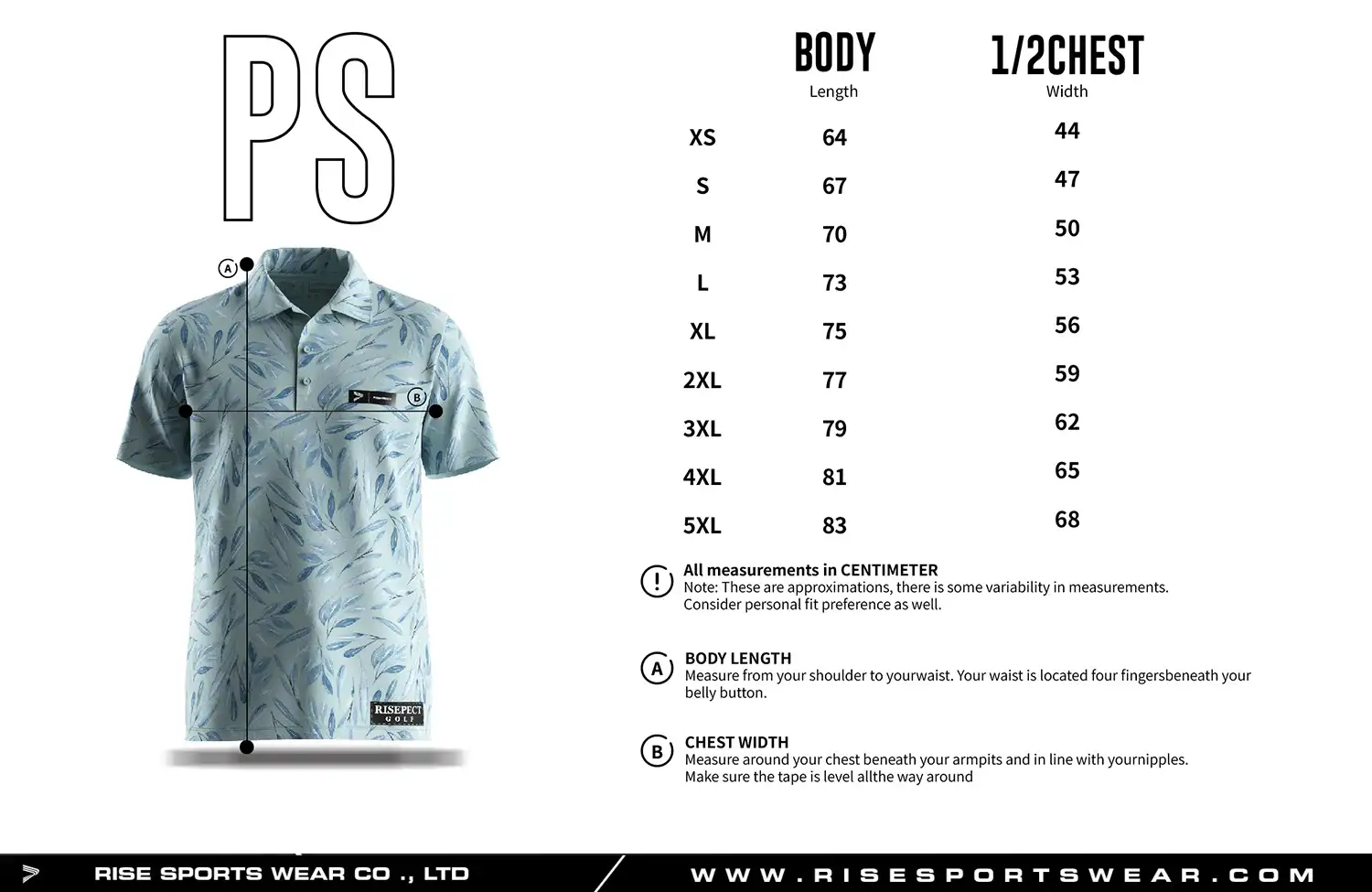 Use men's golf polo shirt sizes chart provided by Rise Sportswear, or custom your own brand, club, or team men's sizes chart for golf polo shirt.