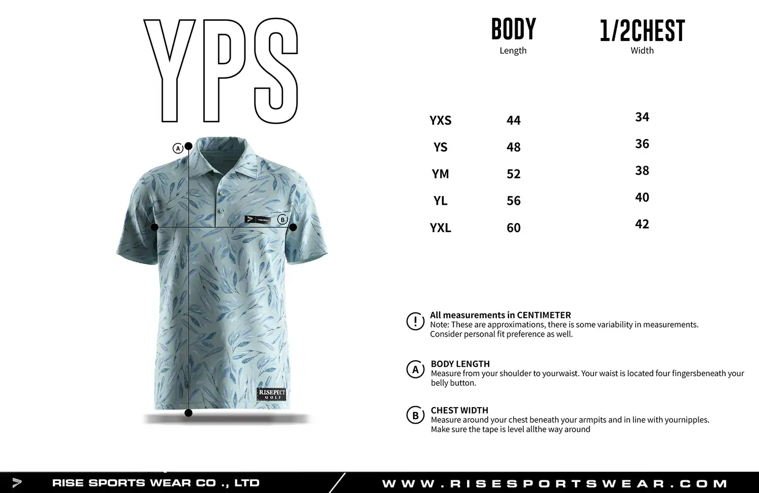 Use youth golf polo shirt sizes chart provided by Rise Sportswear, or custom your own brand, club, or team youth sizes chart for golf polo shirt.