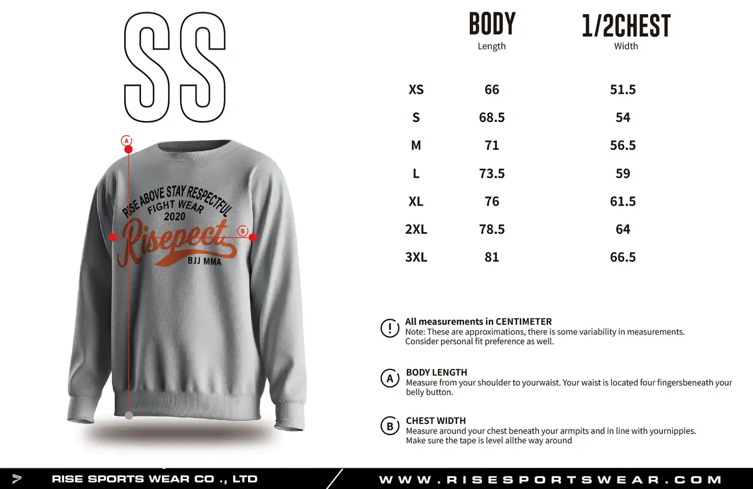 Use men's combat culture sweatshirt sizes chart provided by Rise Sportswear, or custom your own brand, club, team size chart for men's combat culture sweatshirt.