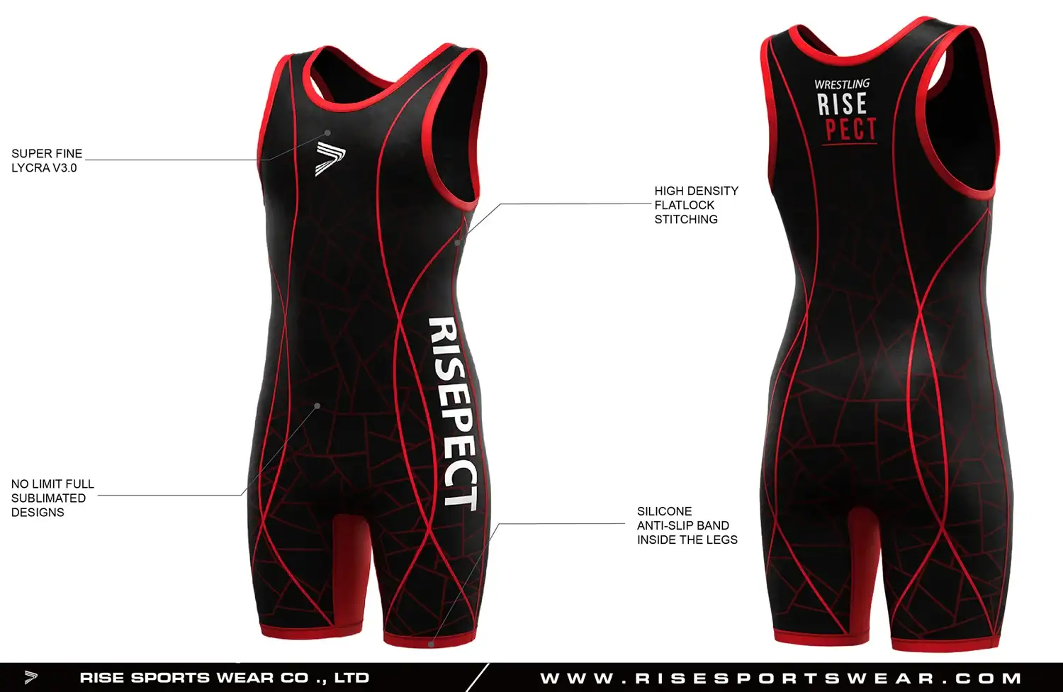 Men's wrestling singlet 1.0 features super fine lycra V4.0; no limit full sublimation designs; high density flatlock stitching; and silicone anti-slip band inside the legs.