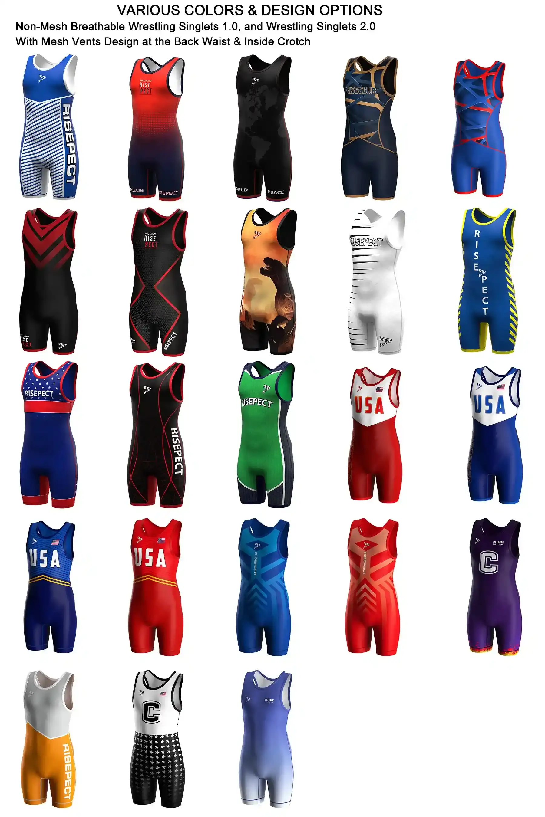 Various color and design options - non-mesh breathable wrestling singlets 1.0, and wrestling singlets 2.0 with mesh vents design at the back waist and inside crotch