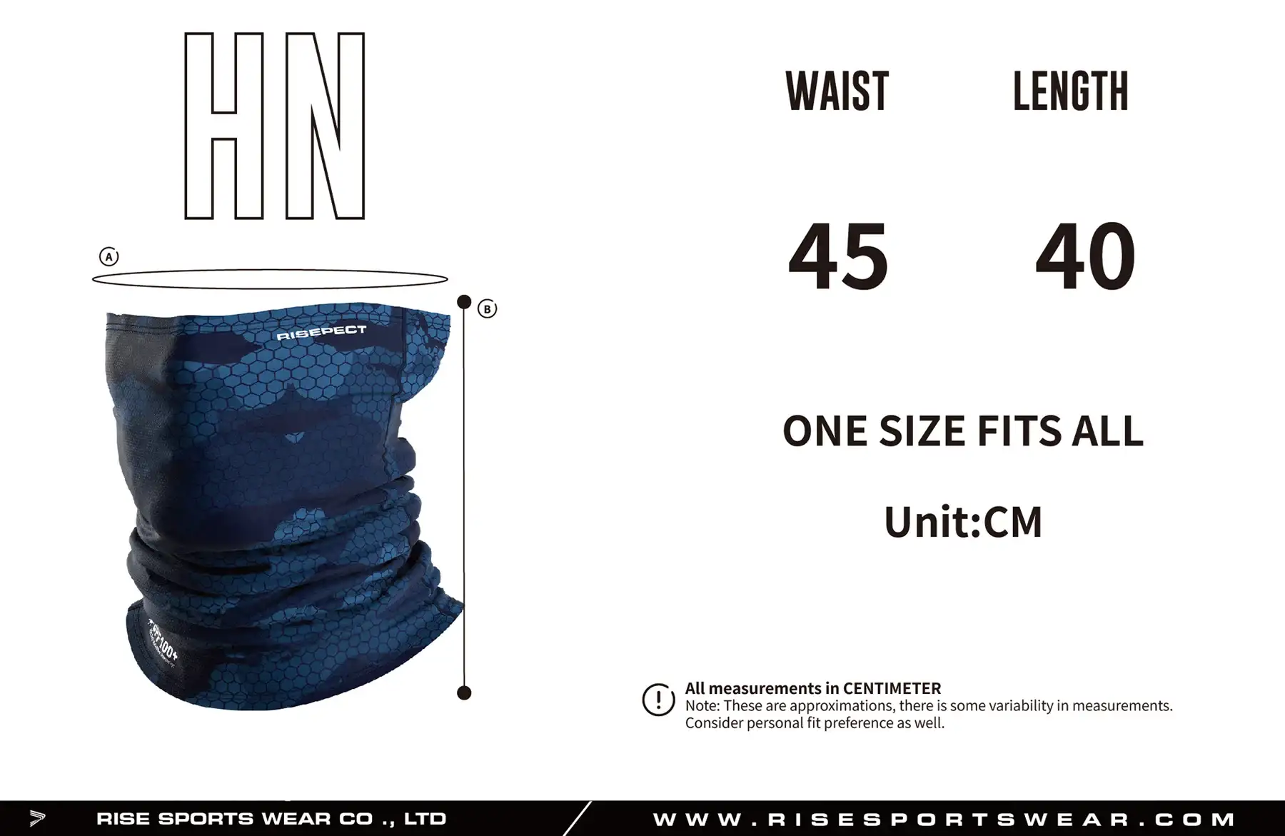 Use men's sun protection face mask sizes chart provided by Rise Sportswear, or custom your own brand, club or team men's sizes chart for sun protection face mask.