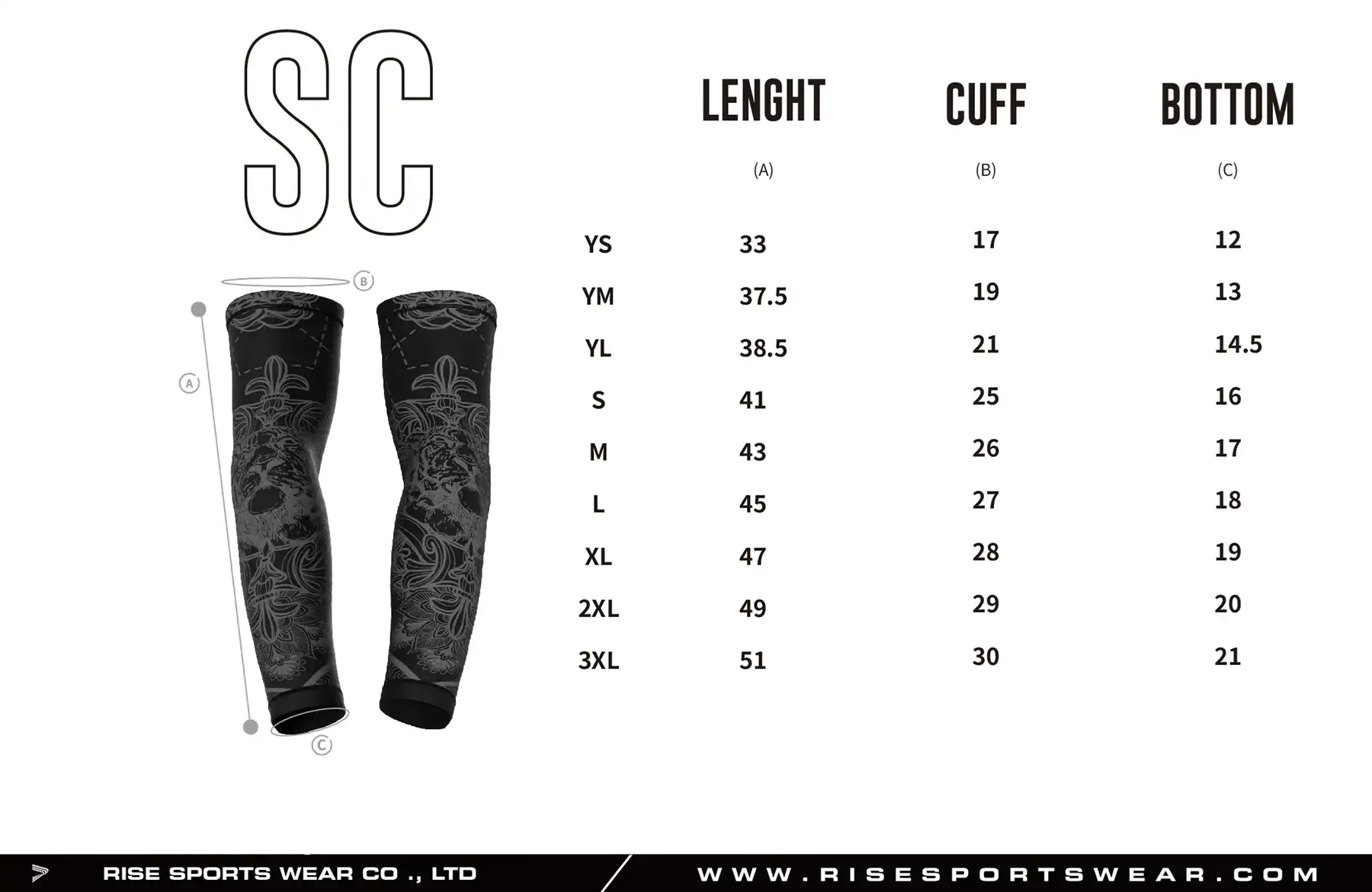 Use men's sun protection fishing sleeves provided by Rise Sportswear, or custom your own brand, club or team men's and youth sizes chart for sun protection fishing sleeves.