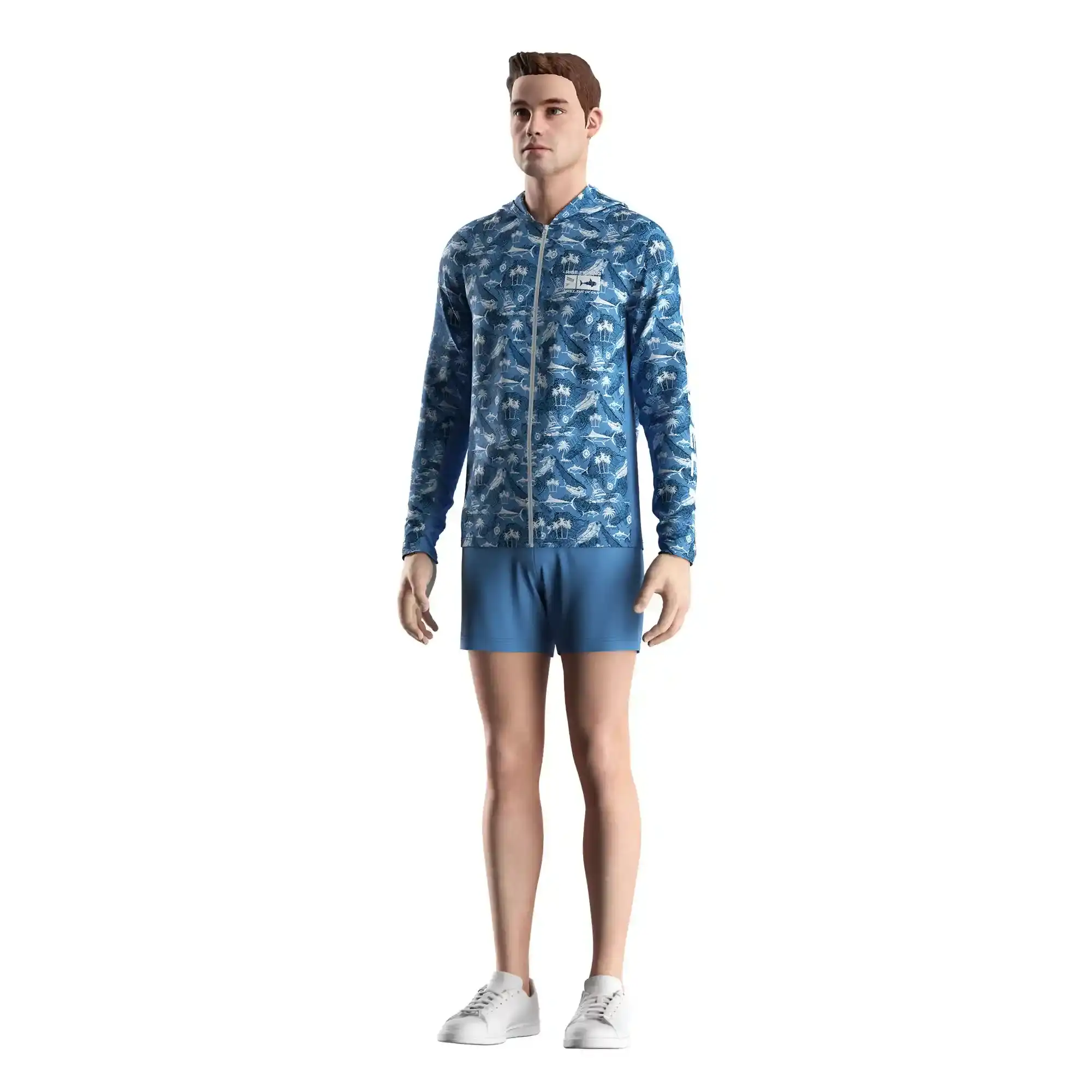 
                Blue Ocean Print Men's Fishing Full Zip UV Shirt with Hood Side Mesh