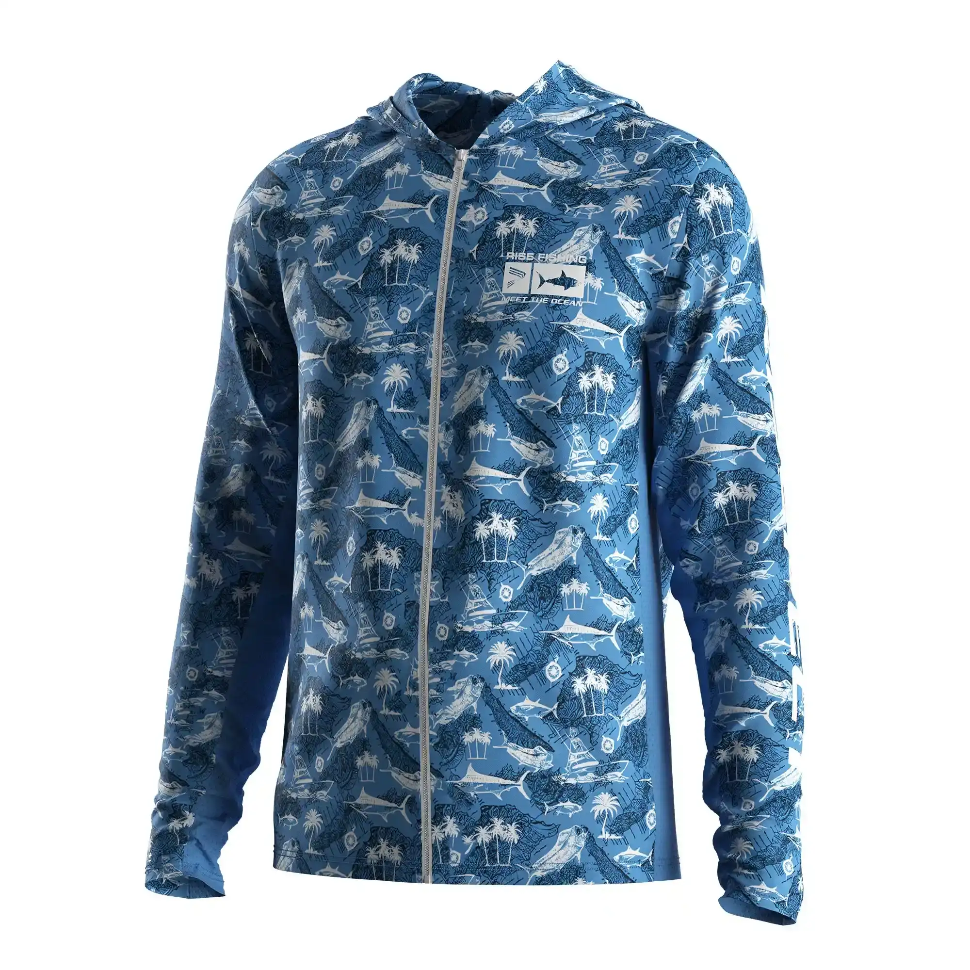 
                Blue Ocean Print Men's Fishing Full Zip UV Shirt with Hood Side Mesh