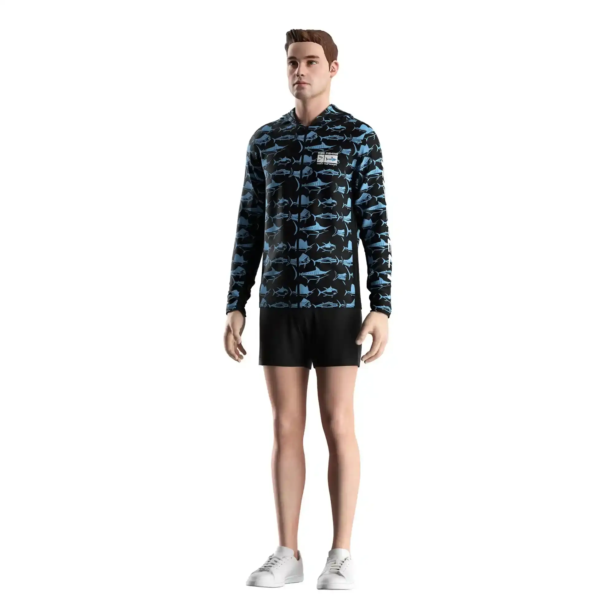 
                Custom Blue Fish Print Men's Fishing Zip Hooded Shirt Mesh Ventilated