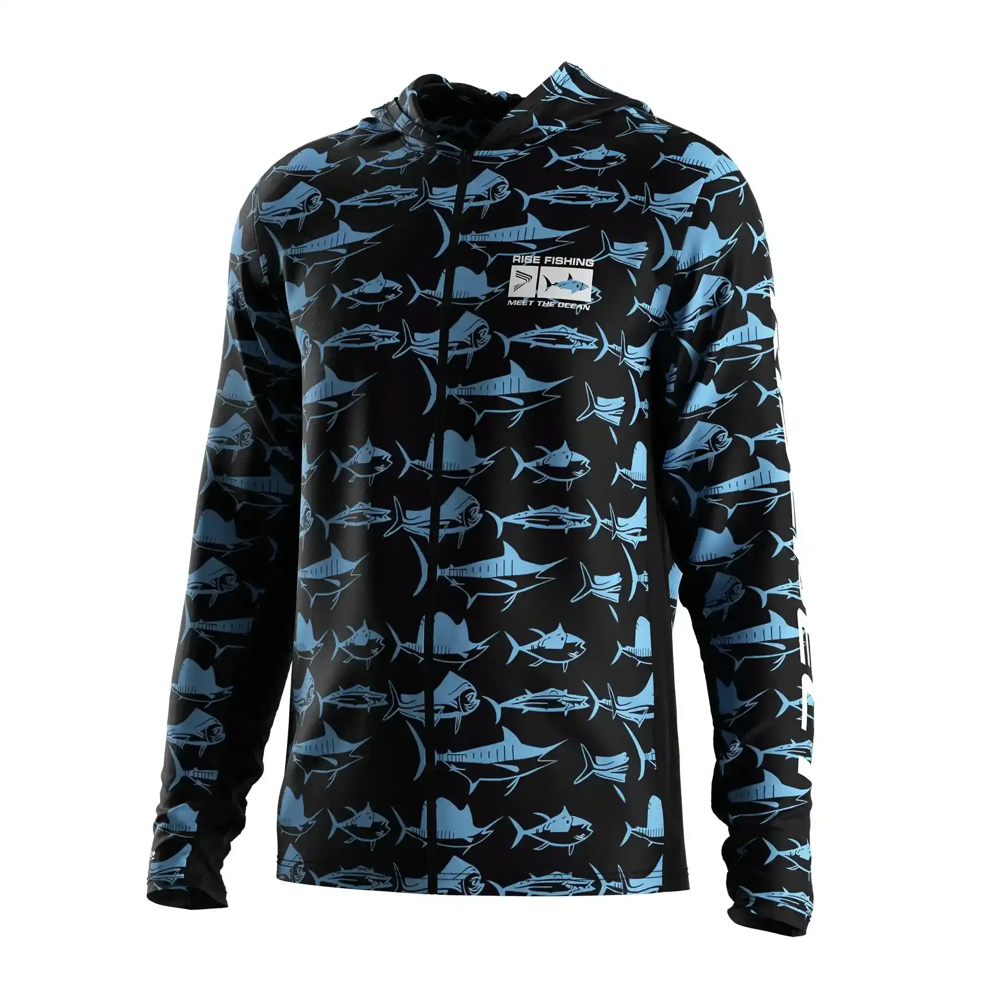 
                Custom Blue Fish Print Men's Fishing Zip Hooded Shirt Mesh Ventilated