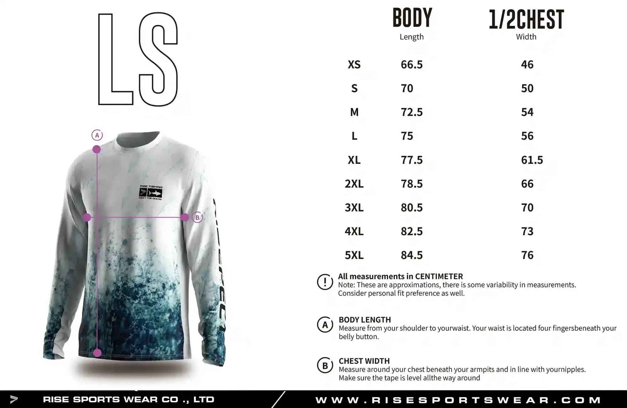 Use men's fishing long sleeve shirt with side mesh panels sizes chart provided by Rise Sportswear, or custom your own brand, club, or team men's sizes chart for fishing long sleeve shirt with side mesh panels.