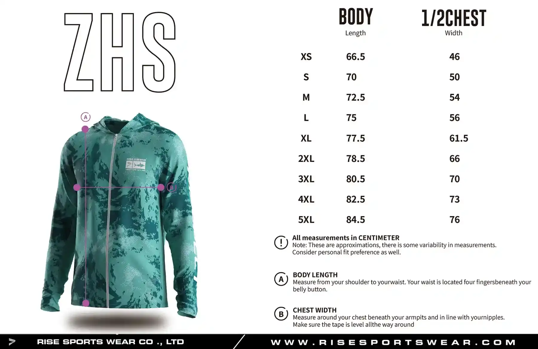 Use men's full zip fishing hooded shirt sizes chart provided by Rise Sportswear, or custom your own brand, club, or team men's sizes chart for full zip fishing hooded shirt.
