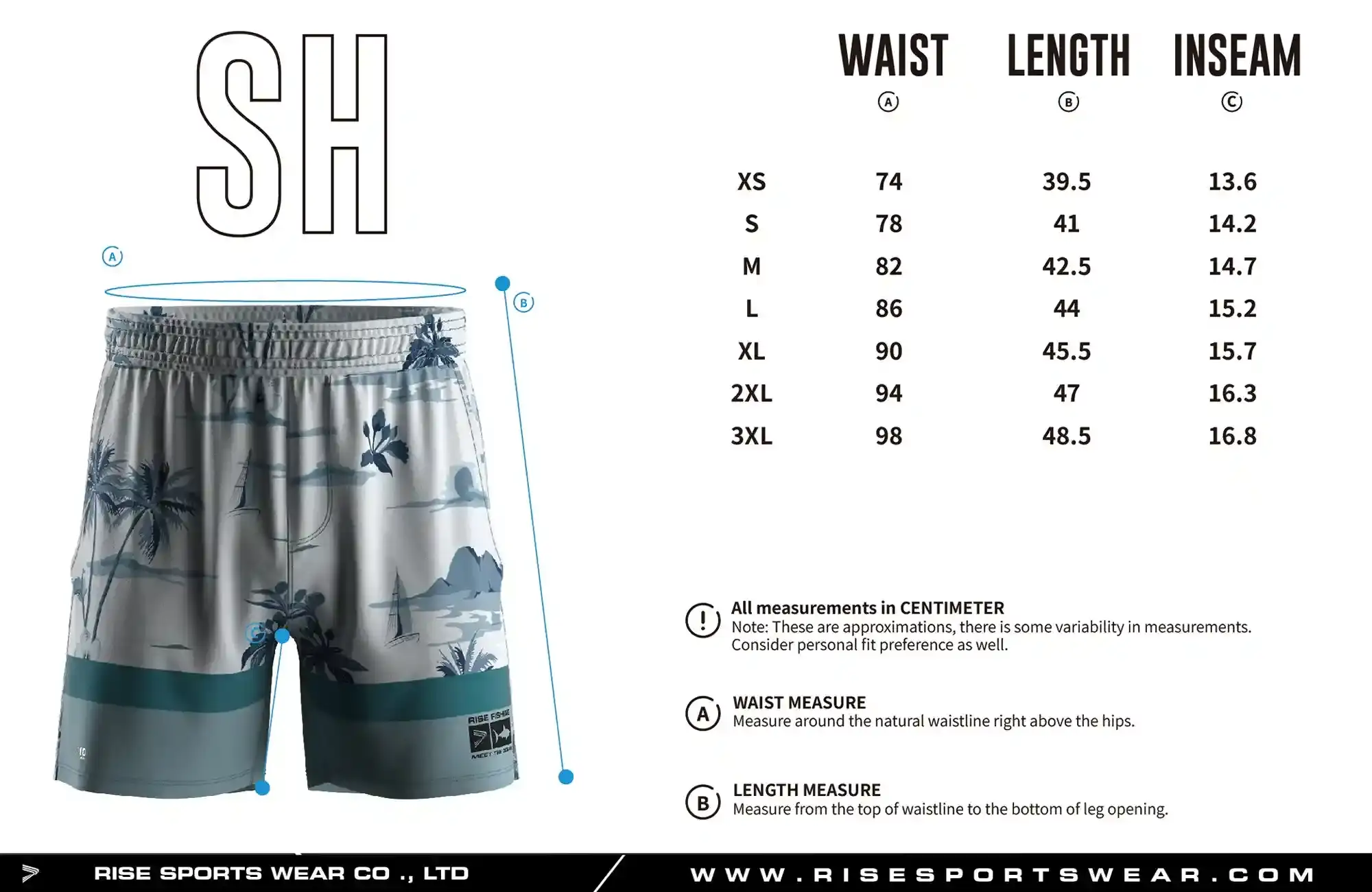 Use men's fishing drawstring board shorts sizes chart provided by Rise Sportswear, or custom your own brand, club, or team men's sizes chart for fishing drawstring board shorts.