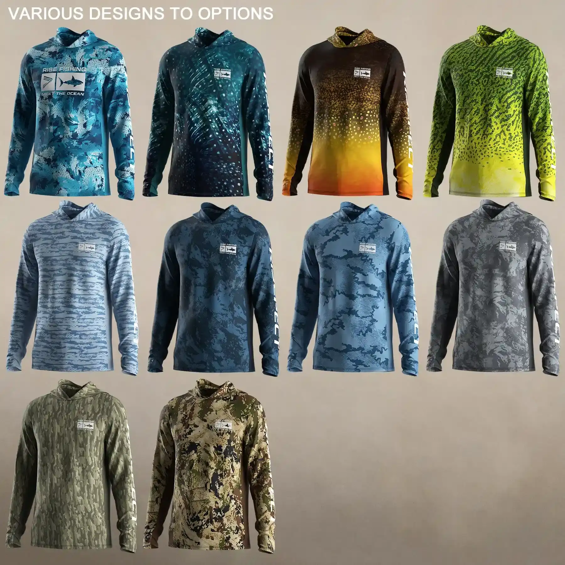 Various design options: 10 men's fishing long sleeve shirt with hood underarm mesh sides
