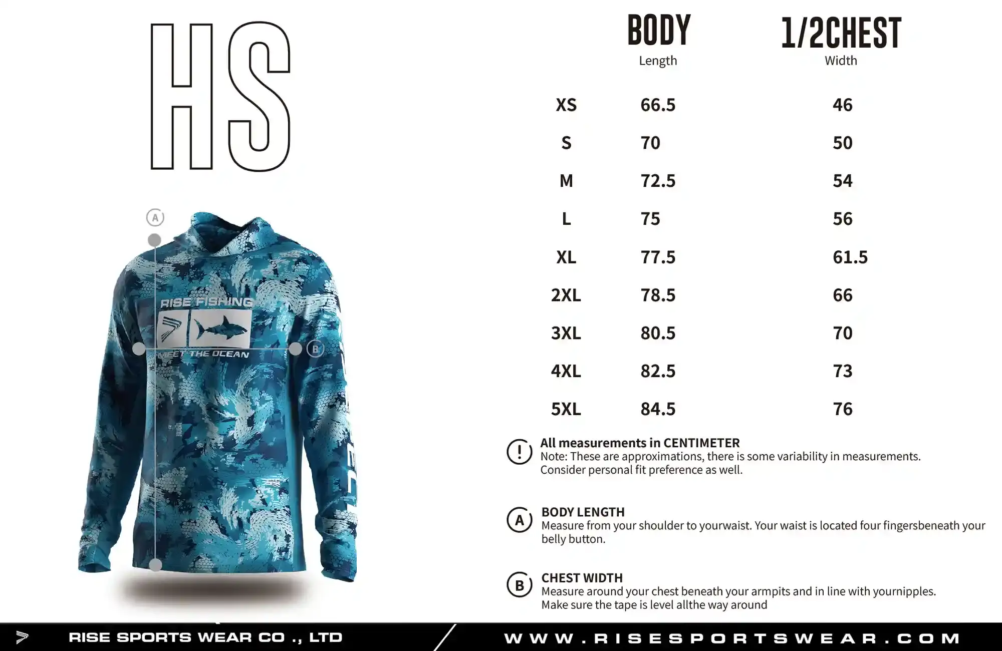 Use men's fishing long sleeve shirt with hood underarm mesh sizes chart provided by Rise Sportswear, or custom your own brand, club, or team men's sizes chart for fishing long sleeve shirt with hood.