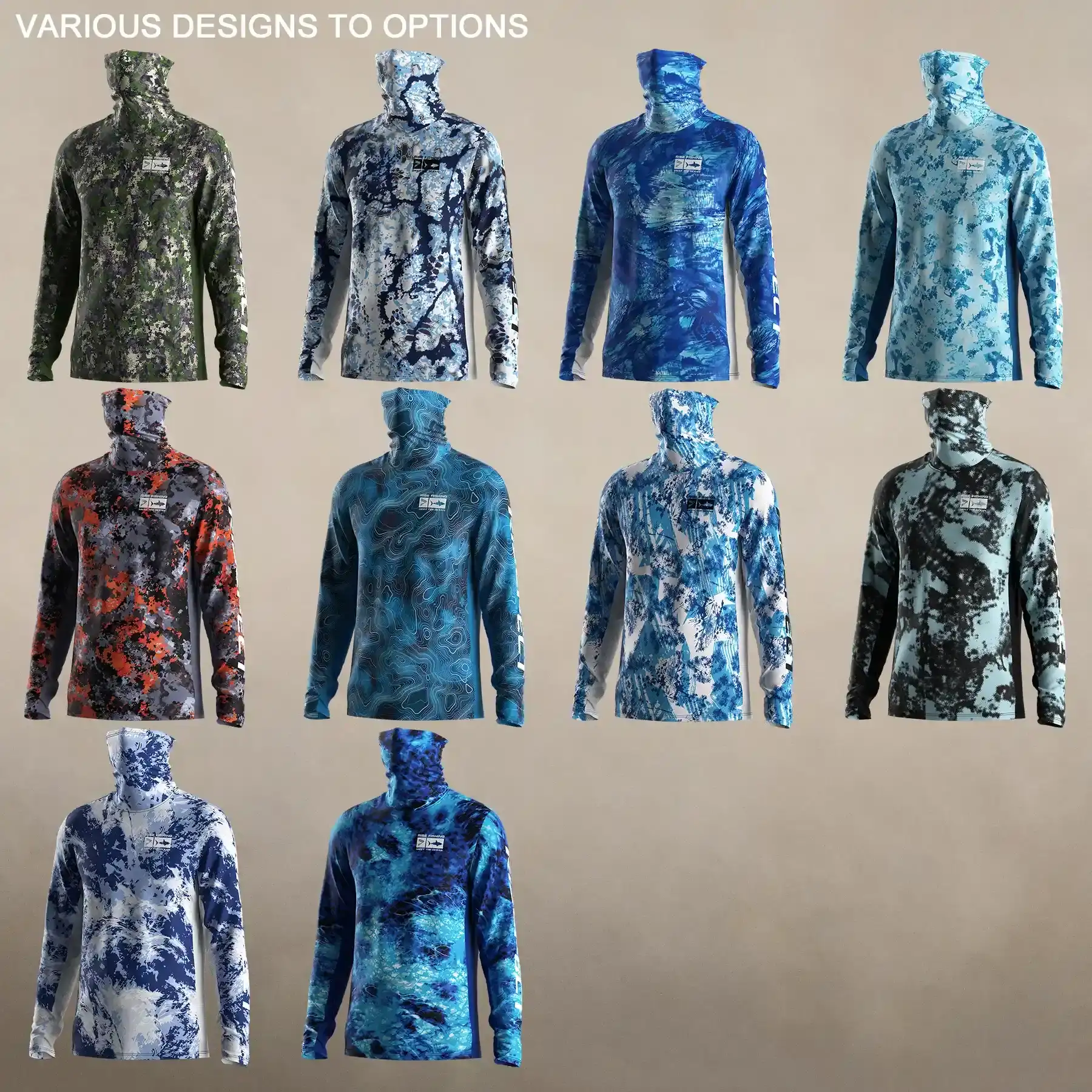 Various design option: 10 men's hoodless fishing shirts with mask