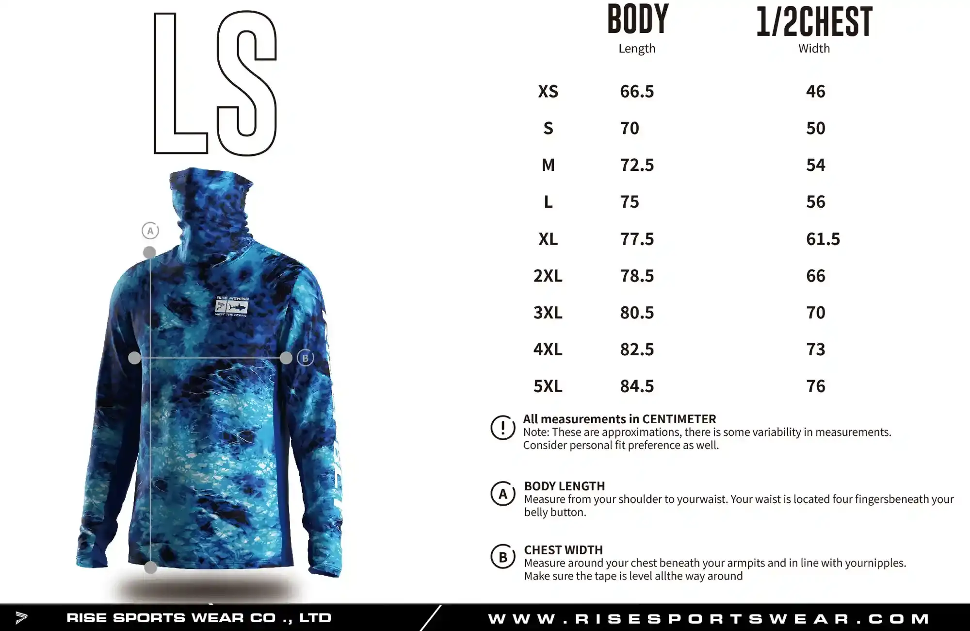Use men's hoodless fishing shirt with mask sizes chart provided by Rise Sportswear, or custom your own brand, club, or team sizes chart for men's fishing hoodless shirt with mask.