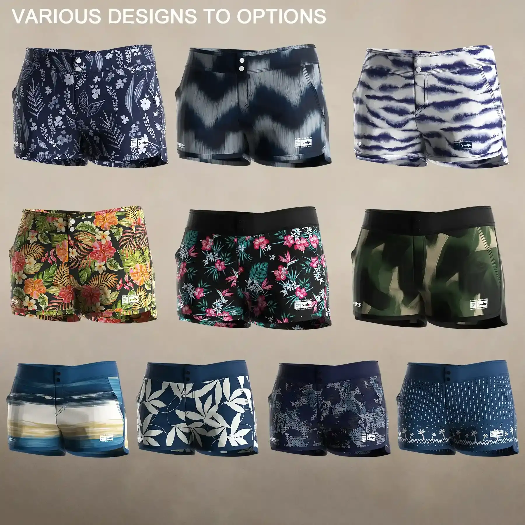 Various design option: 10 styles women's fishing board shorts with 2 buttons