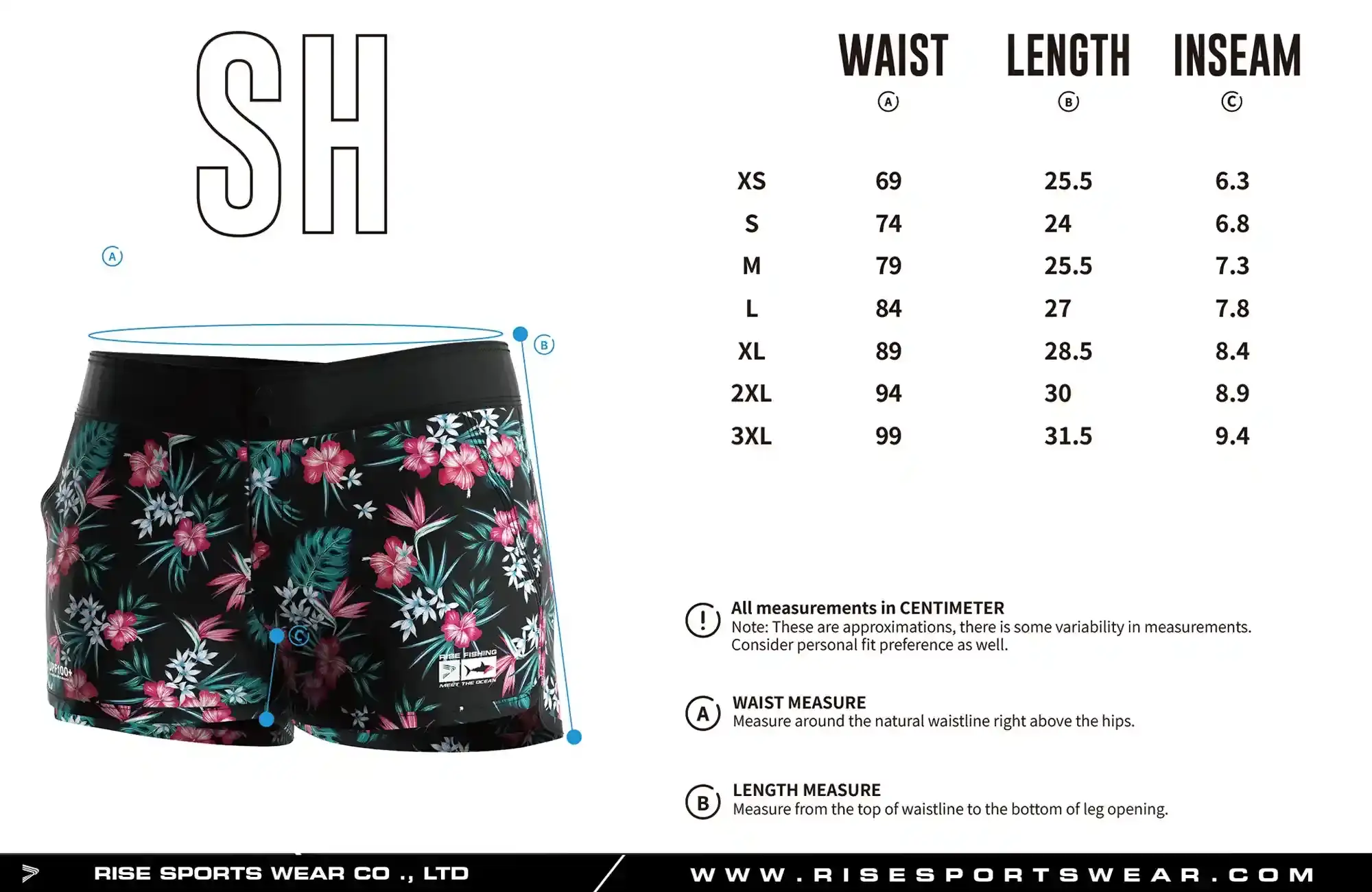 Use women's fishing board shorts sizes chart provided by Rise Sportswear, or custom your own brand, club, or team sizes chart for women's fishing board shorts.