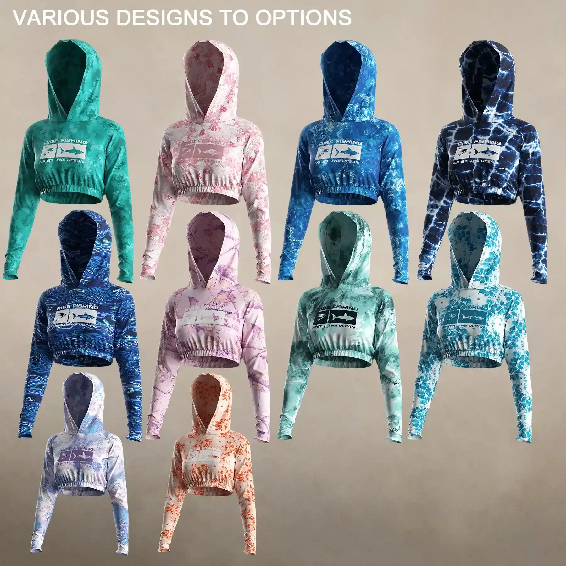 Various design option: 10 basic cut women's cropped fishing hooded shirts