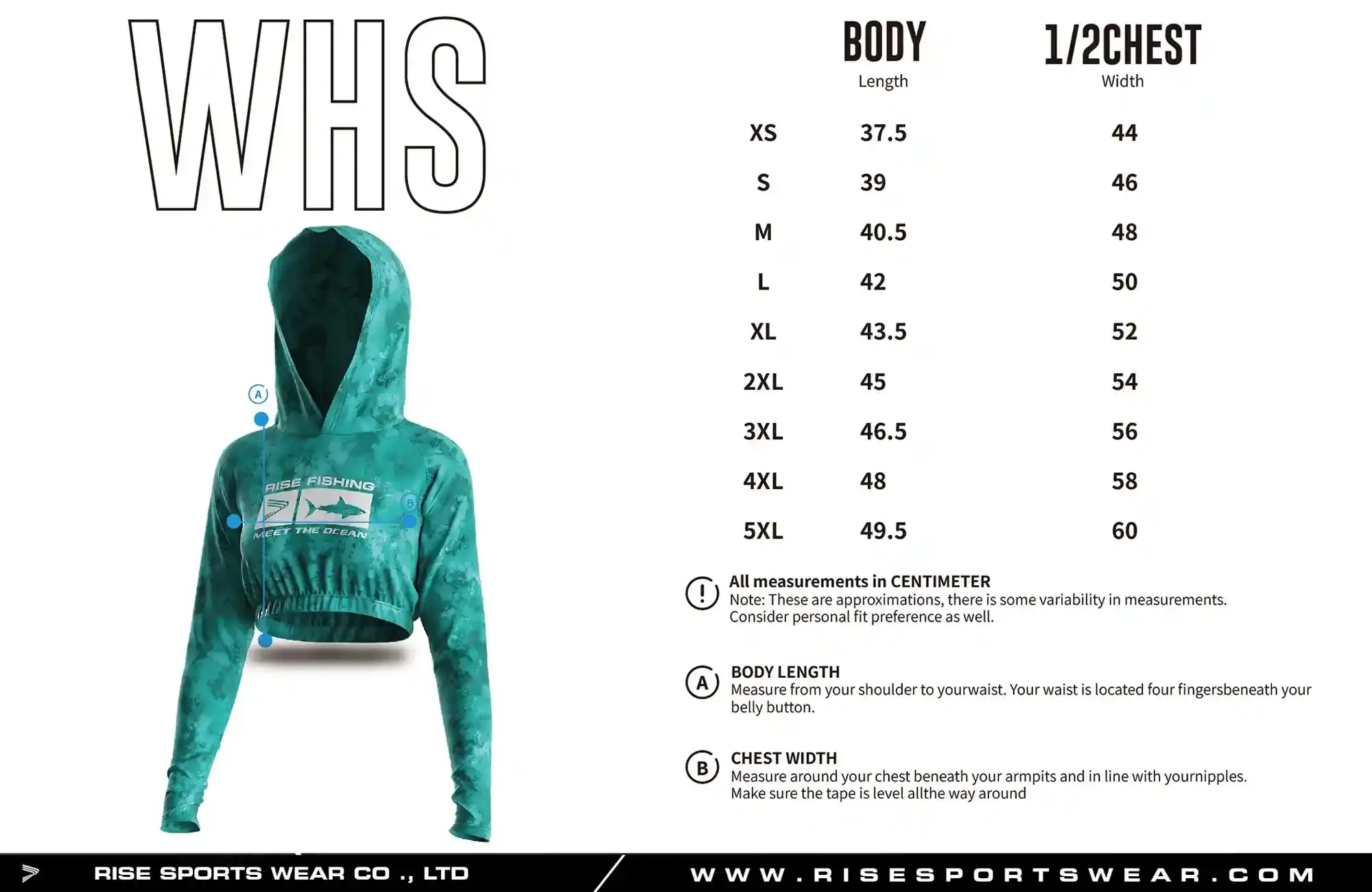 Use women's cropped fishing hooded shirt basic cut size chart provided by Rise Sportswear, or custom your own brand, club, or team women's sizes chart for crop fishing hooded shirt basic cut.