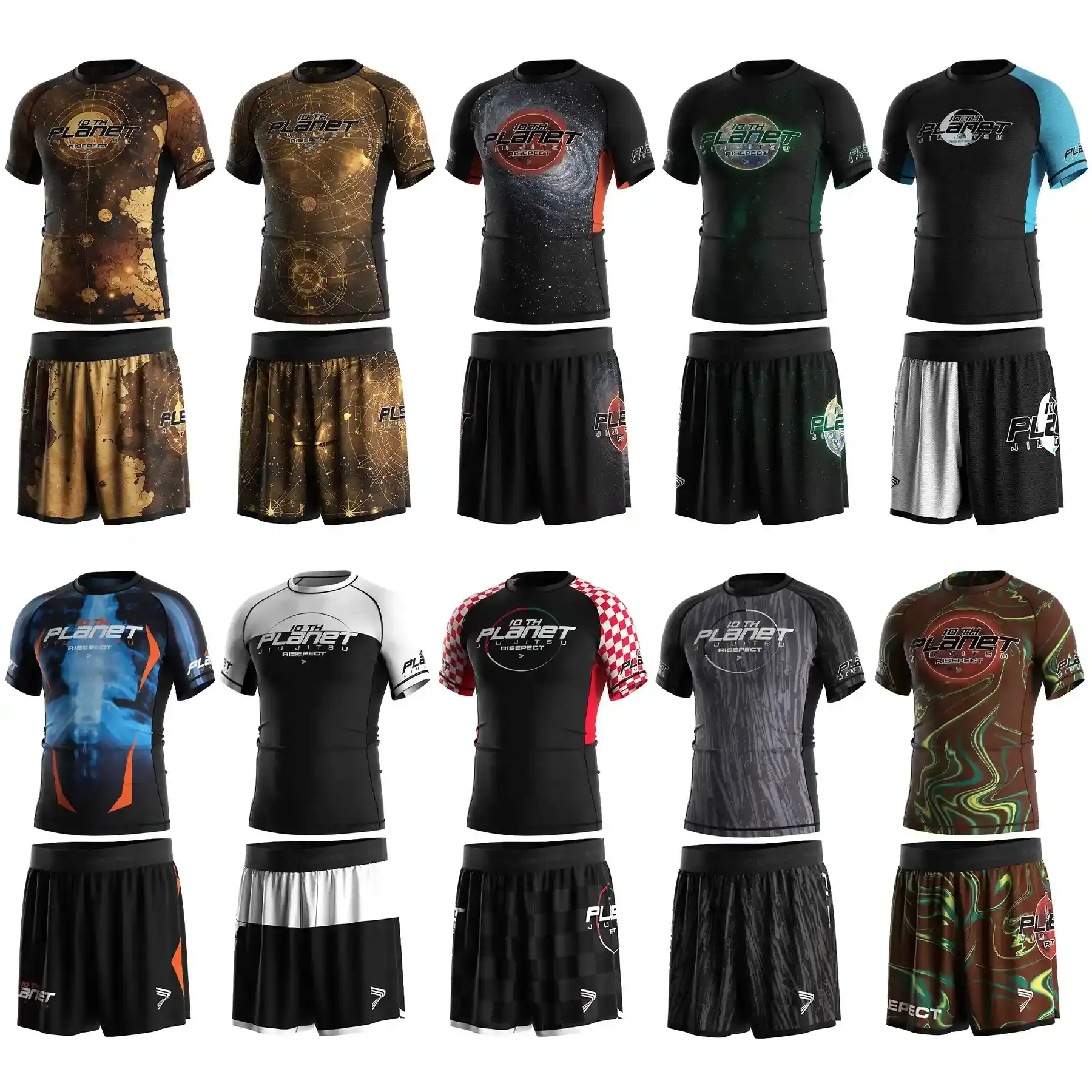 Custom your own 10th planet jiu jitsu rash guard and fight shorts, or choose 10th planet jiu jitsu rash guard and fight shorts was designed by Rise Sportswear.