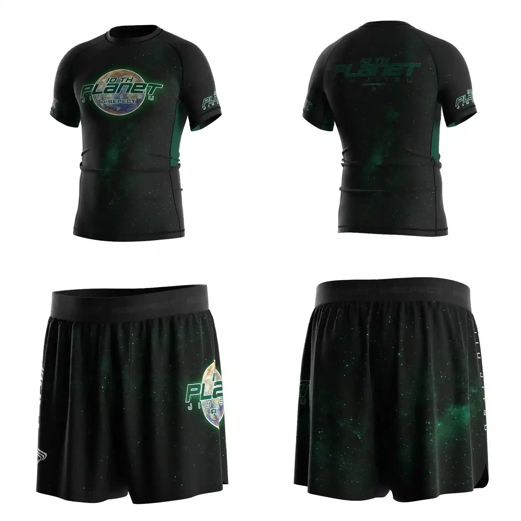 Emerald Void Galactic Drift 10th Planet Jiu Jitsu Cosmic Sublimation Rash Guard & Fight Shorts Sets