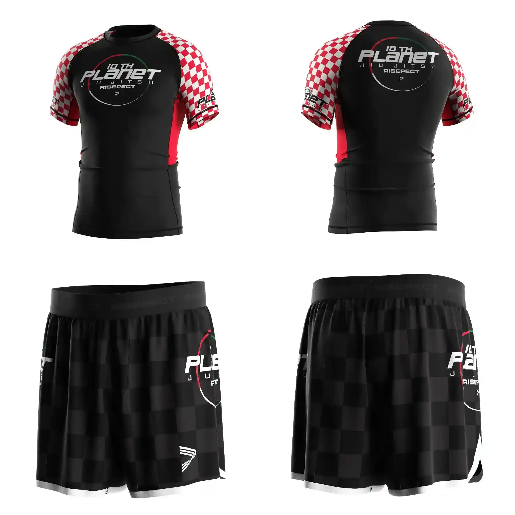 Checkered Red Shift Orbit 10th Planet Jiu Jitsu Cosmic Sublimation Rash Guard & Fight Shorts Sets