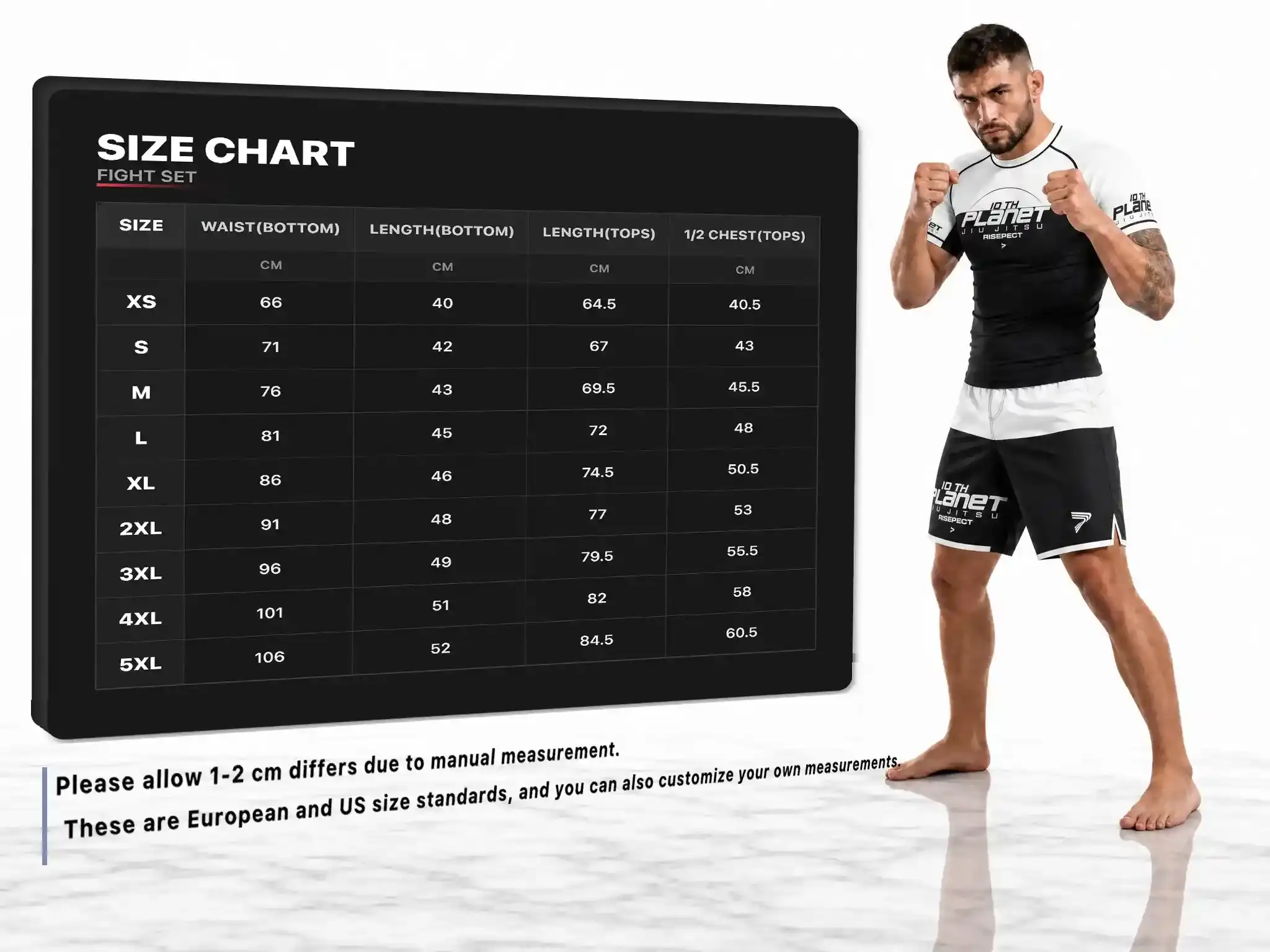 Use 10th planet jiu jitsu rash guard and fight shorts men's sizes chart provided by Rise Sportswear. or custom your team, club, or brand men's sizes chart for jiu jitsu rash guard and fight shorts.