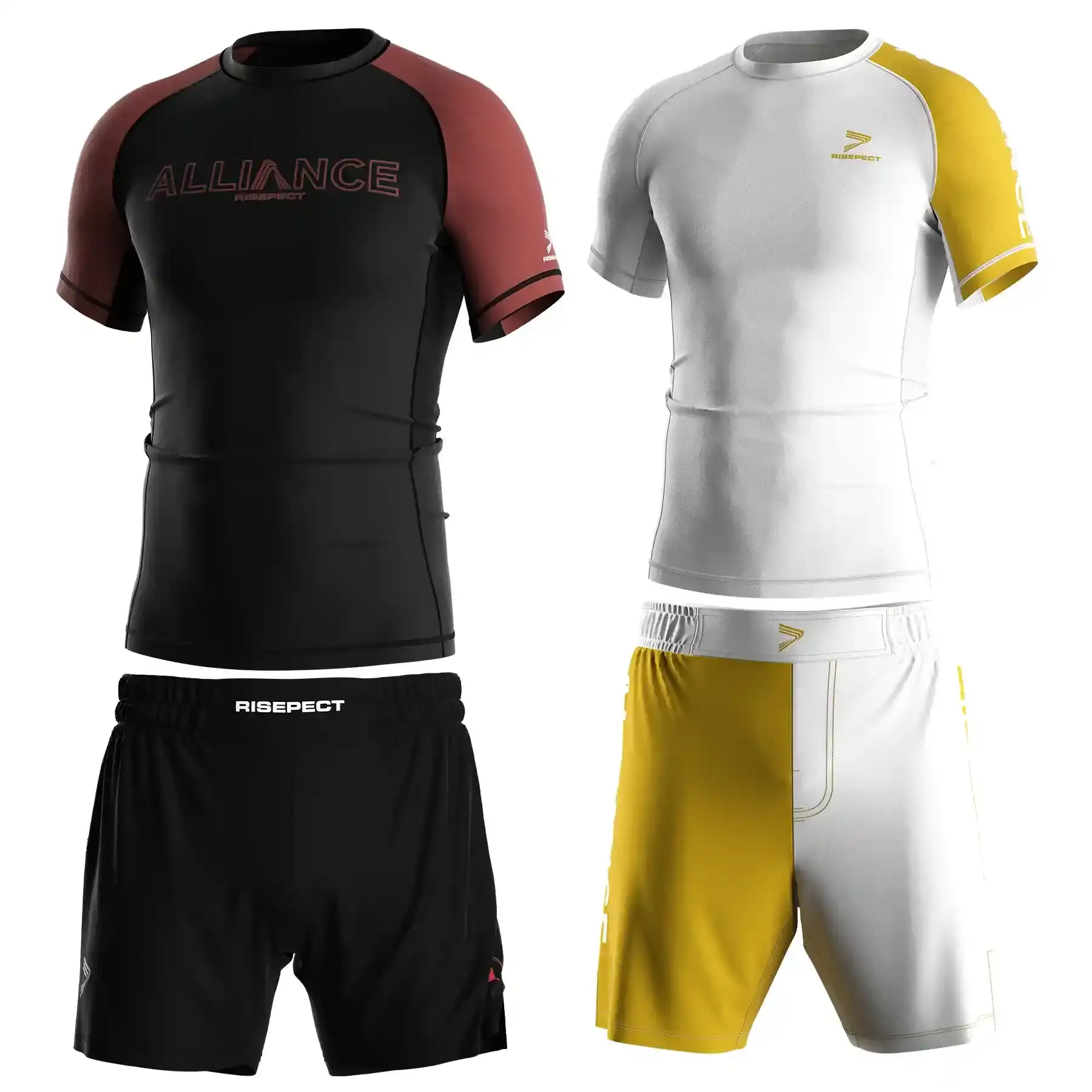 Alliance Jiujitsu 2 sets No Gi rashguard and shorts black and white gold