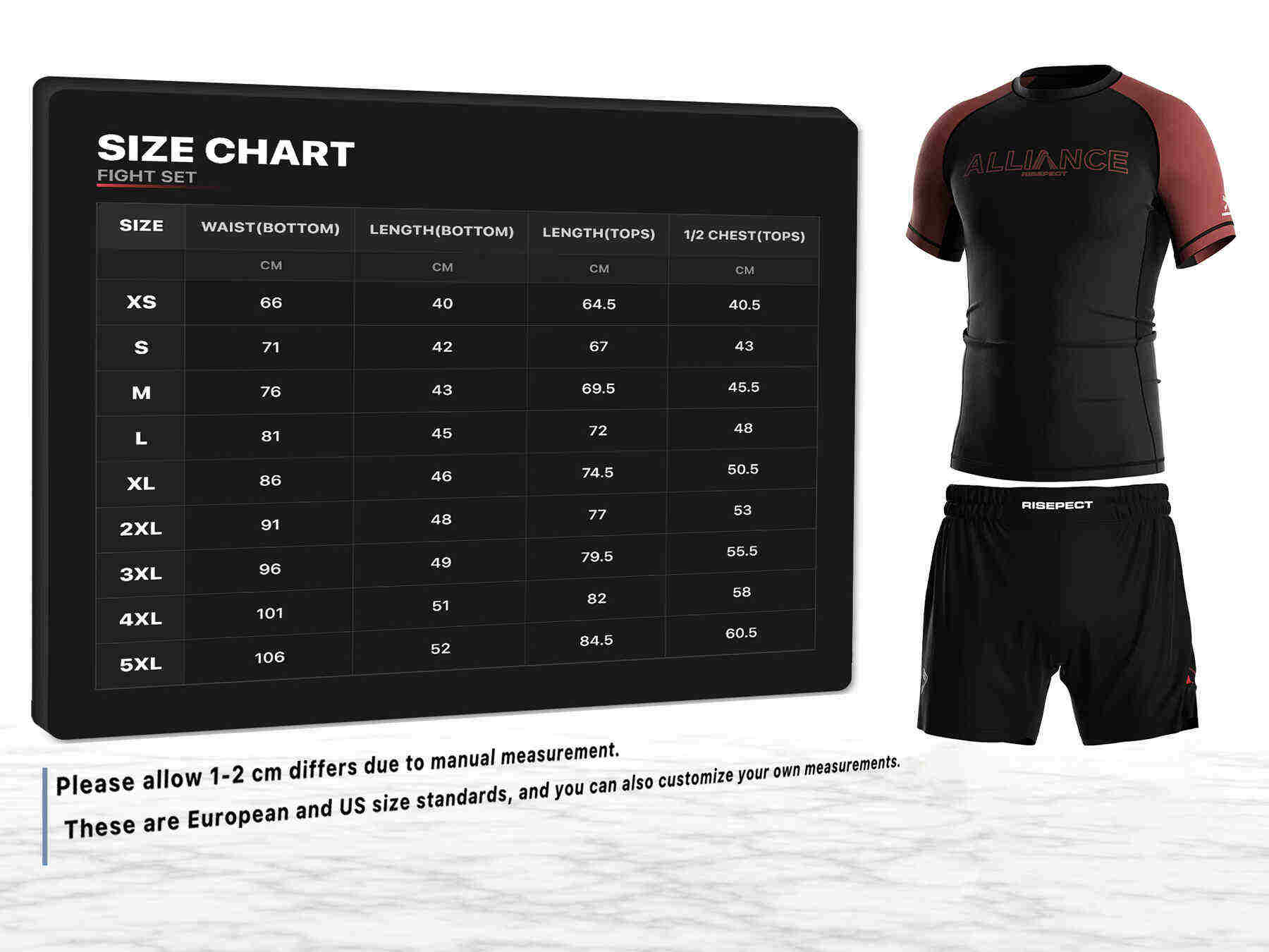 Use Alliance Jiujitsu men's rash guard and fight shorts sizes chart provided by Rise Sportswear, or custom your own brand, club, or team men's sizes chart for Alliance Jiujitsu rash guard and fight shorts.