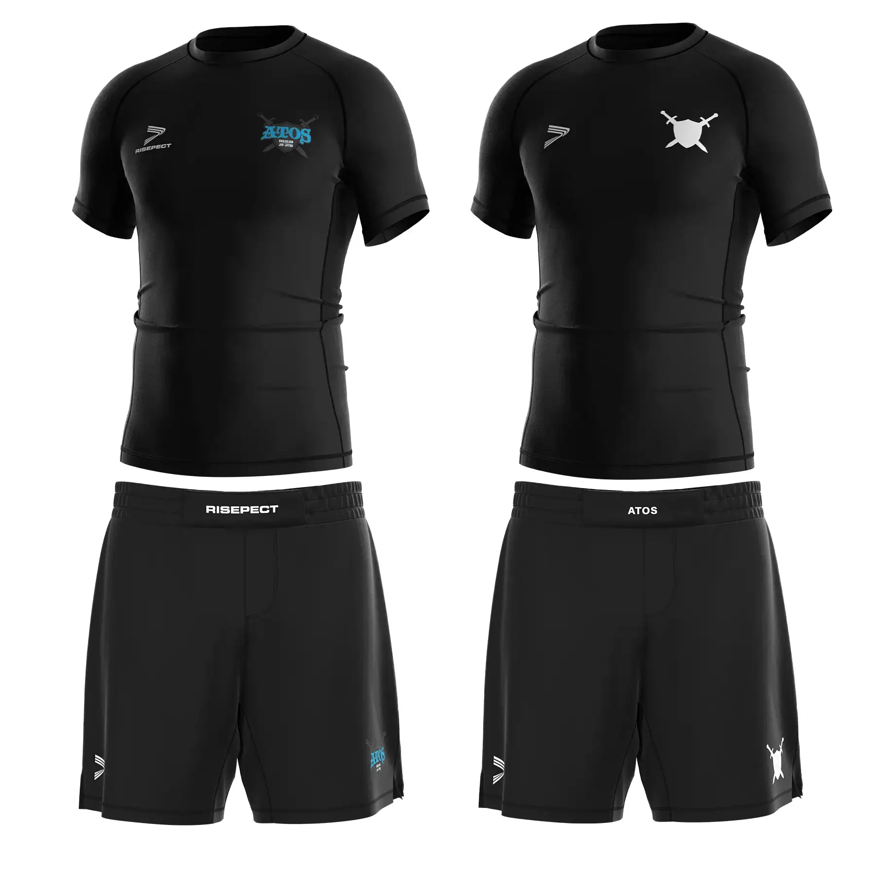 ATOS jiujitsu 2 sets: black basic blue logo rash guard and fight shorts, black basic white logo rash guard and fight shorts