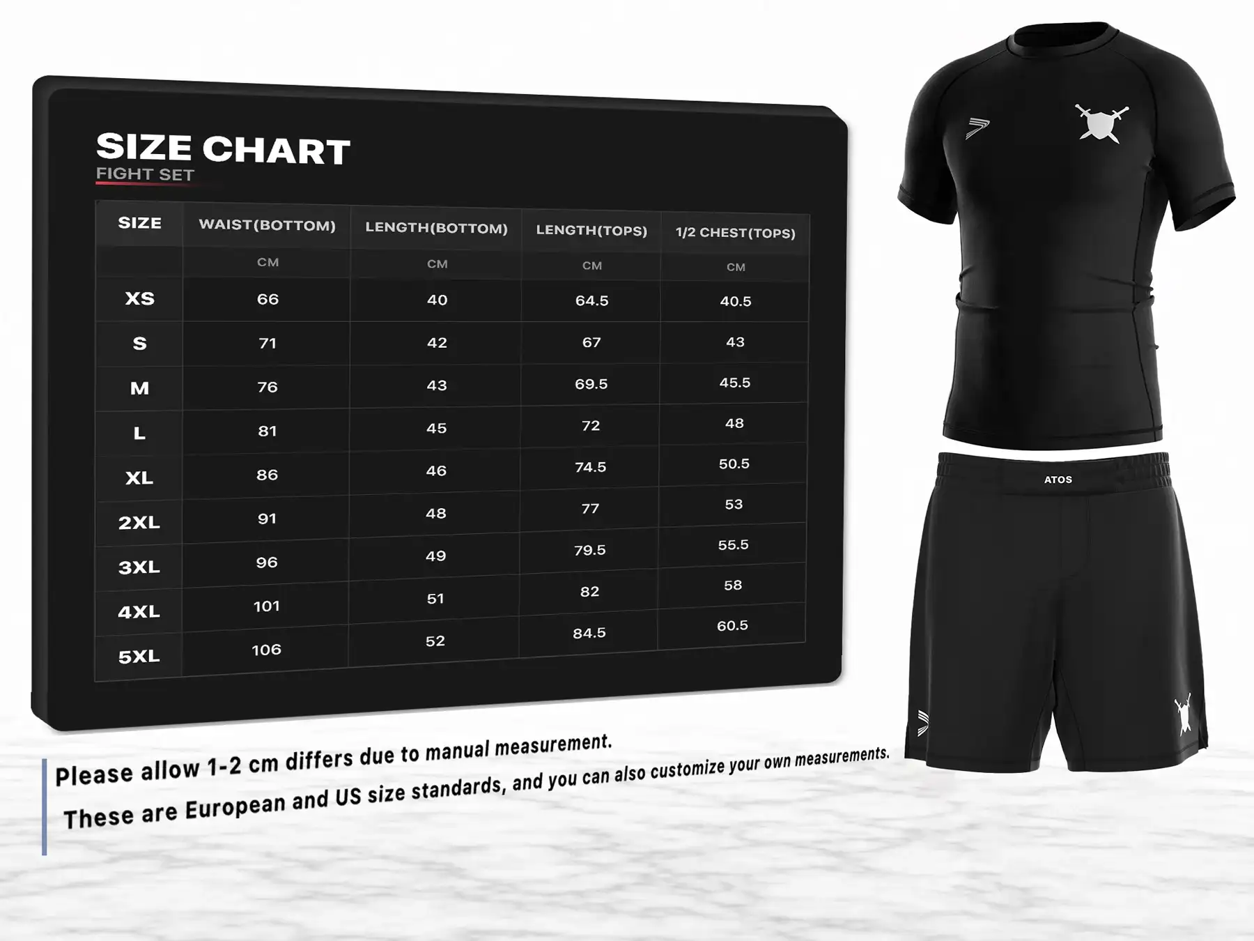 Use ATOS jiujitsu men's rash guard and fight shorts sizes chart provided by Rise Sportswear, or custom your own brand, club, or team men's sizes chart for ATOS jiujitsu rash guard and fight shorts.