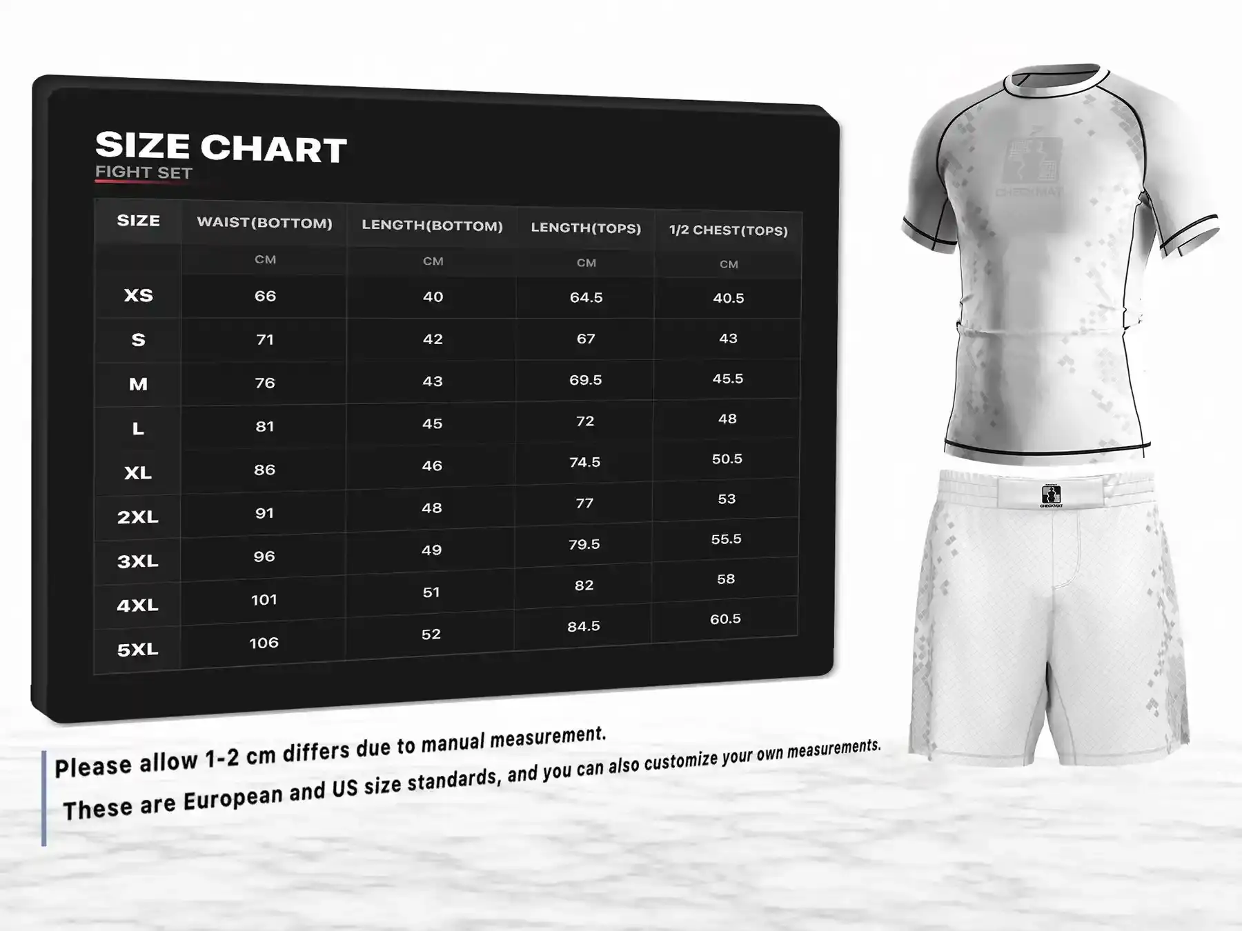 Use checkmat jiujitsu men's rash guard and fight shorts set sizes chart provided by Rise Sportswear, or custom your brand, club, or team men's sizes chart for checkmat jiujitsu rash guard and shorts.