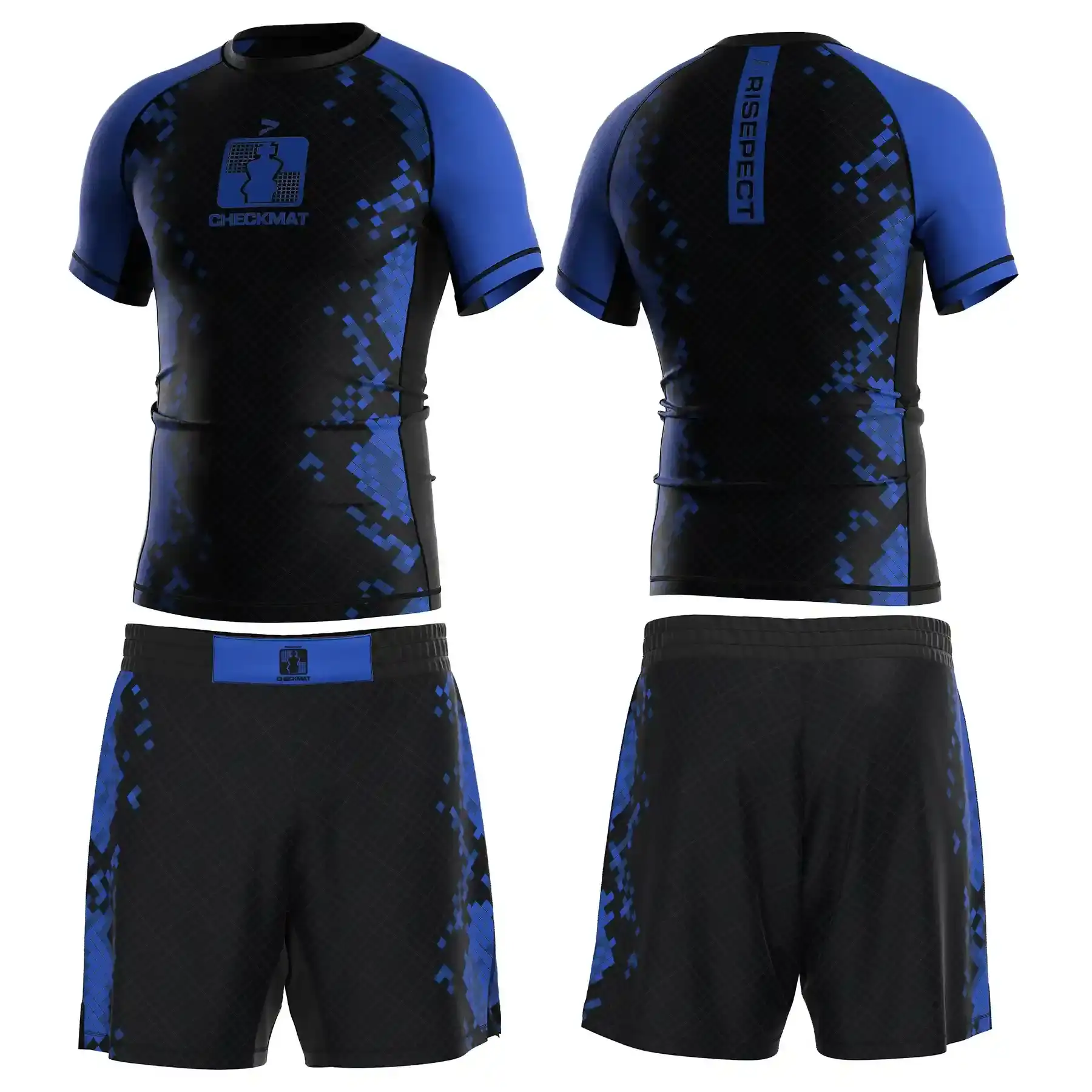 The front and back of black-blue belt ranked jiujitsu set