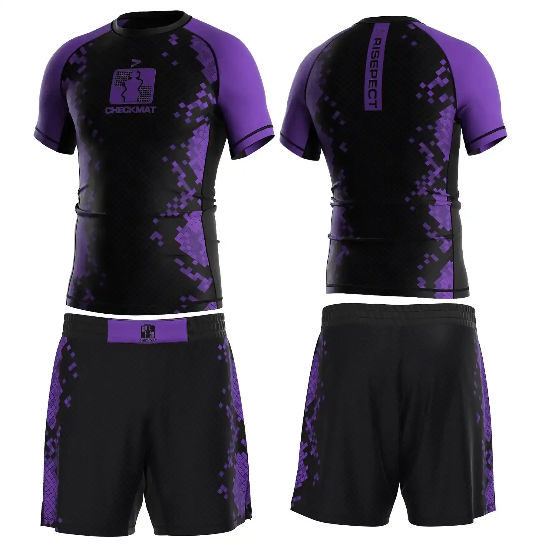 The front and back of black-purple belt ranked jiujitsu set