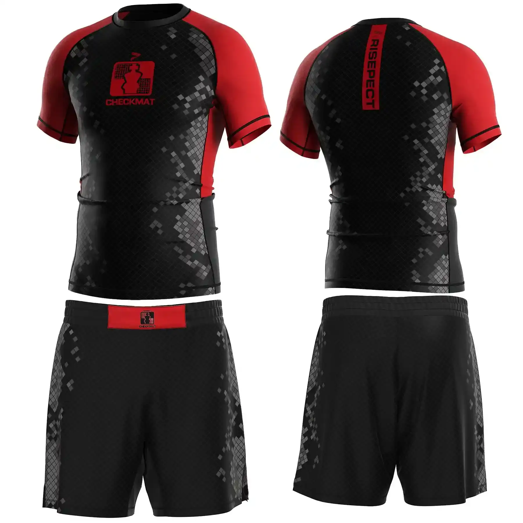 The front and back of black-red belt ranked jiujitsu set