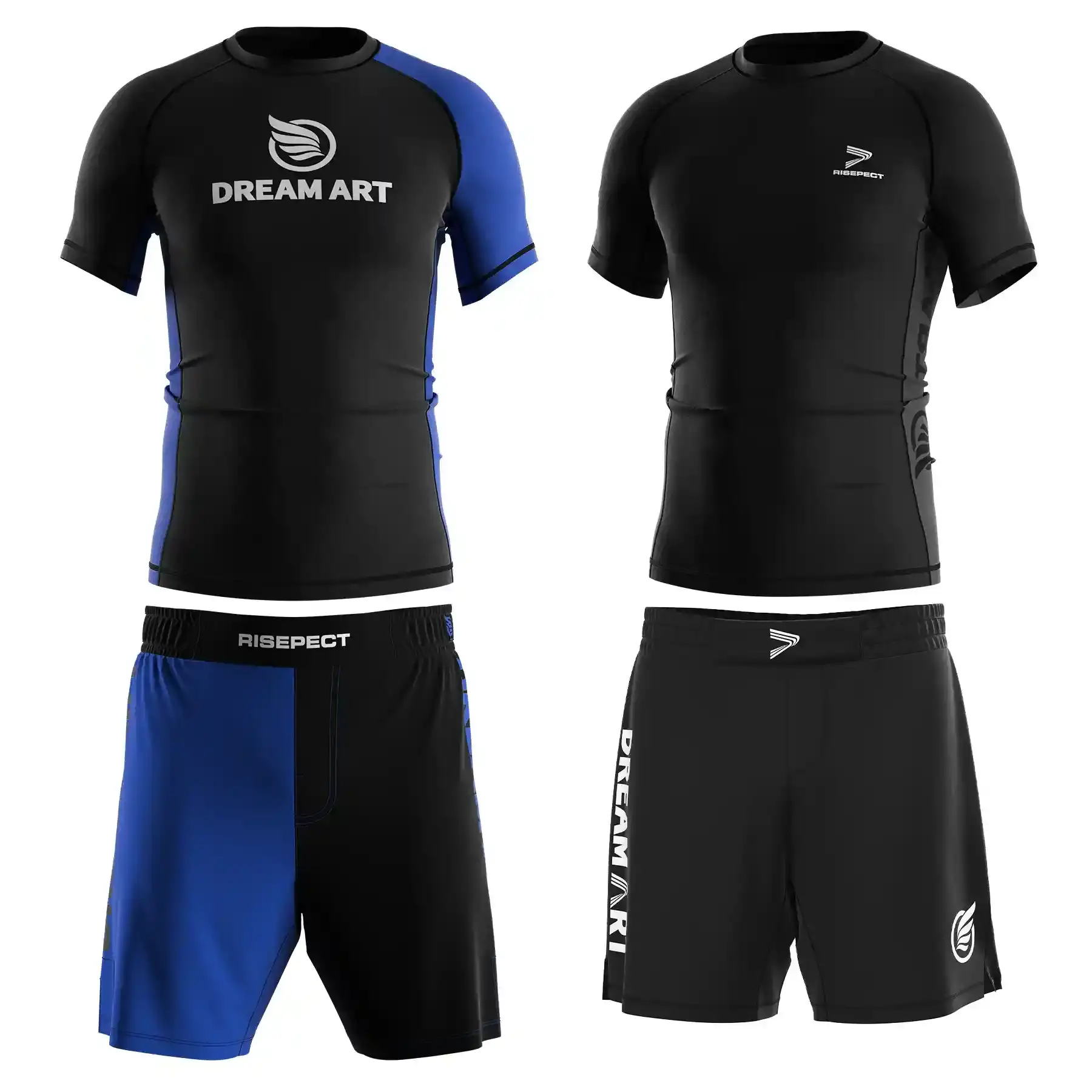 2 dream art brazilian jiu jitsu men's short sleeve rash guard and fight shorts set: black with blue accents, black with white accents.