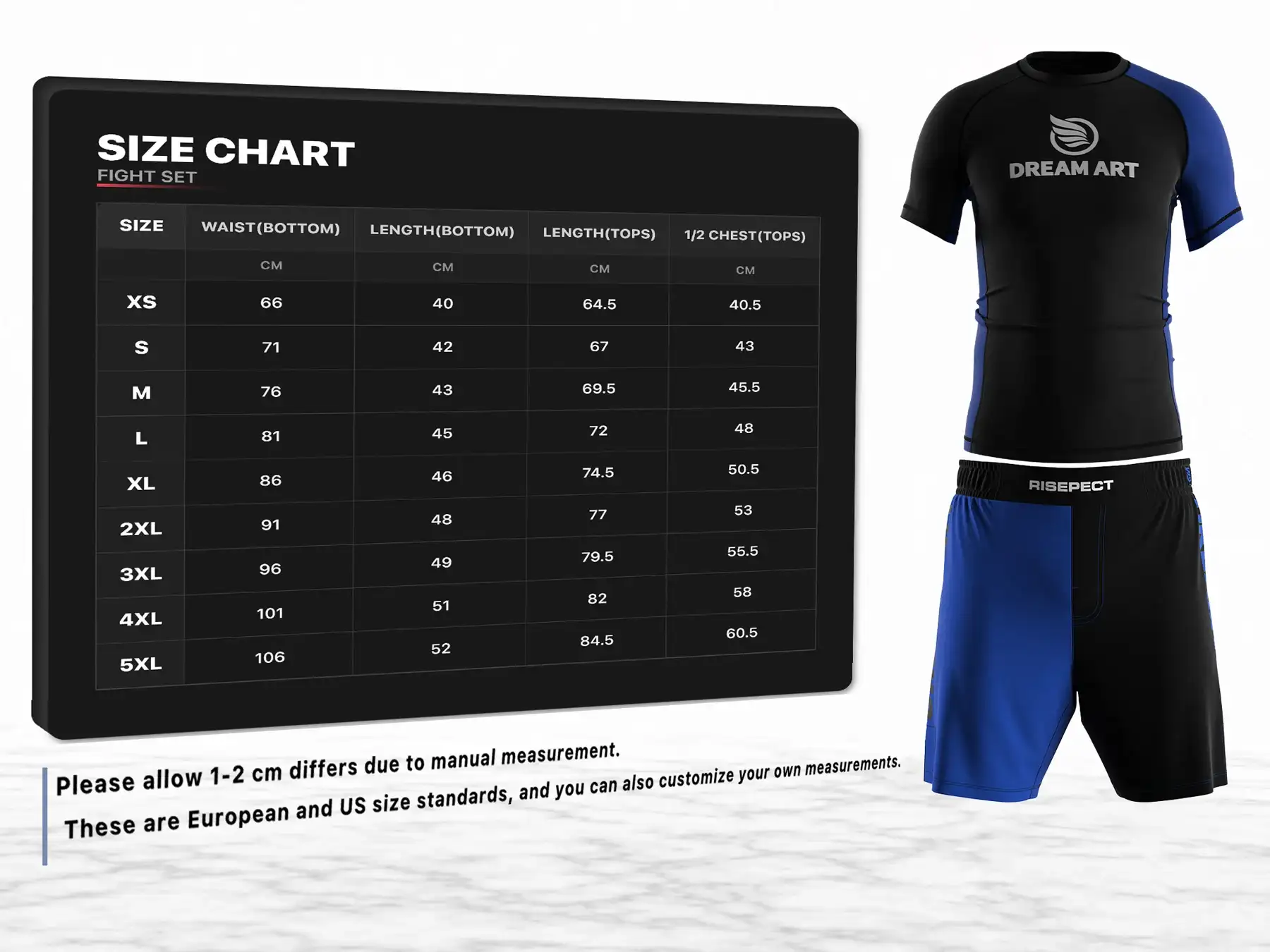 Use dream art brazilian jiu jitsu men's rash guard and shorts set sizes chart provided by Rise Sportswear, or custom your own brand, club, or team men's sizes chart for dream art brazilian jiu jitsu rash guard and shorts set.