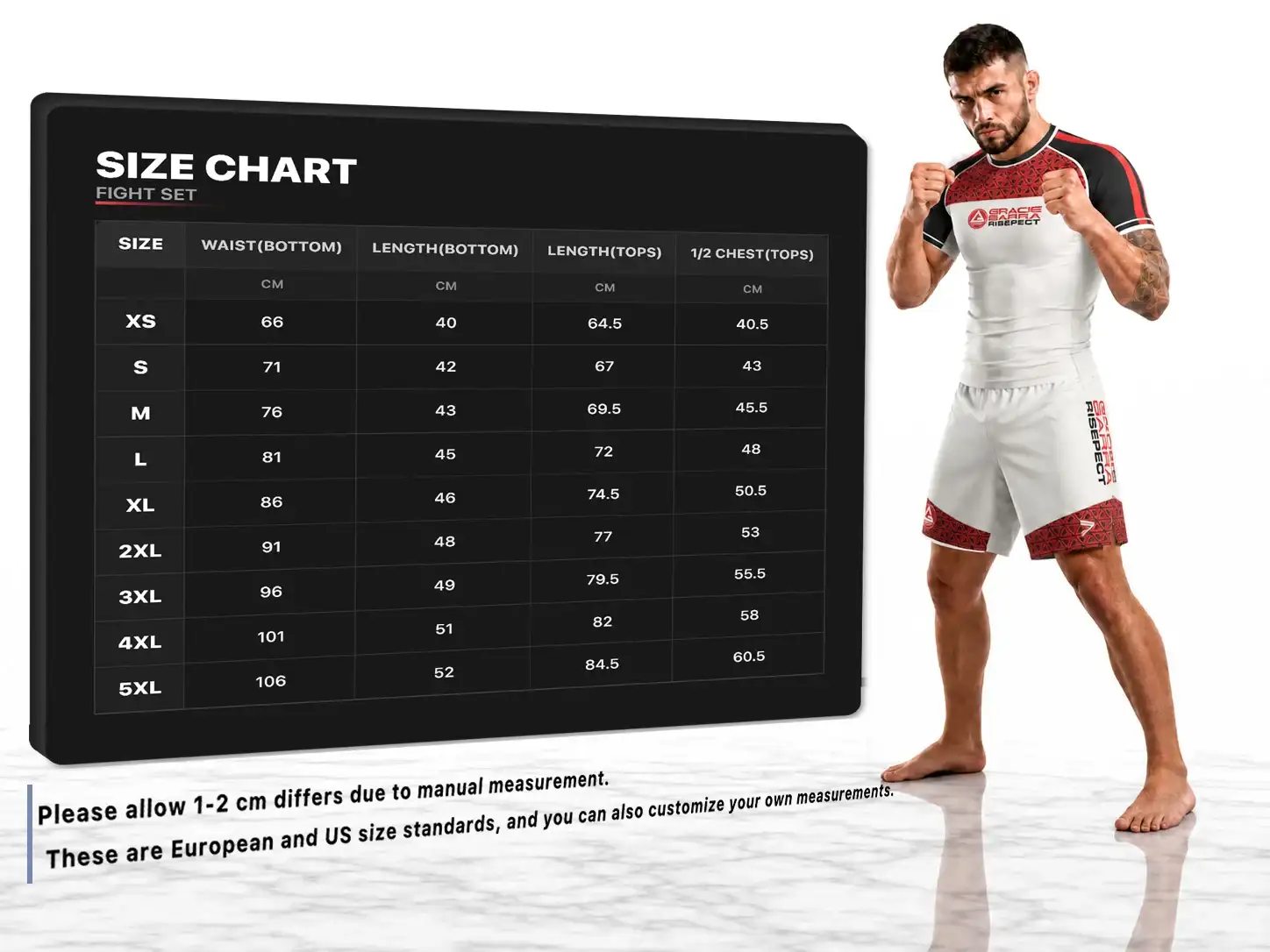 Use men's gracie barra BJJ set rash guard and shorts sizes chart provided by Rise Sportswear, or custom your own brand, club, or team men's sizes chart for gracie barra bjj rash guard and shorts set.